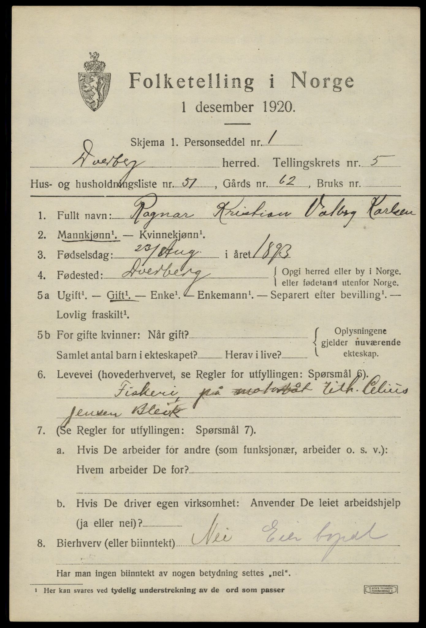 SAT, 1920 census for Dverberg, 1920, p. 6396