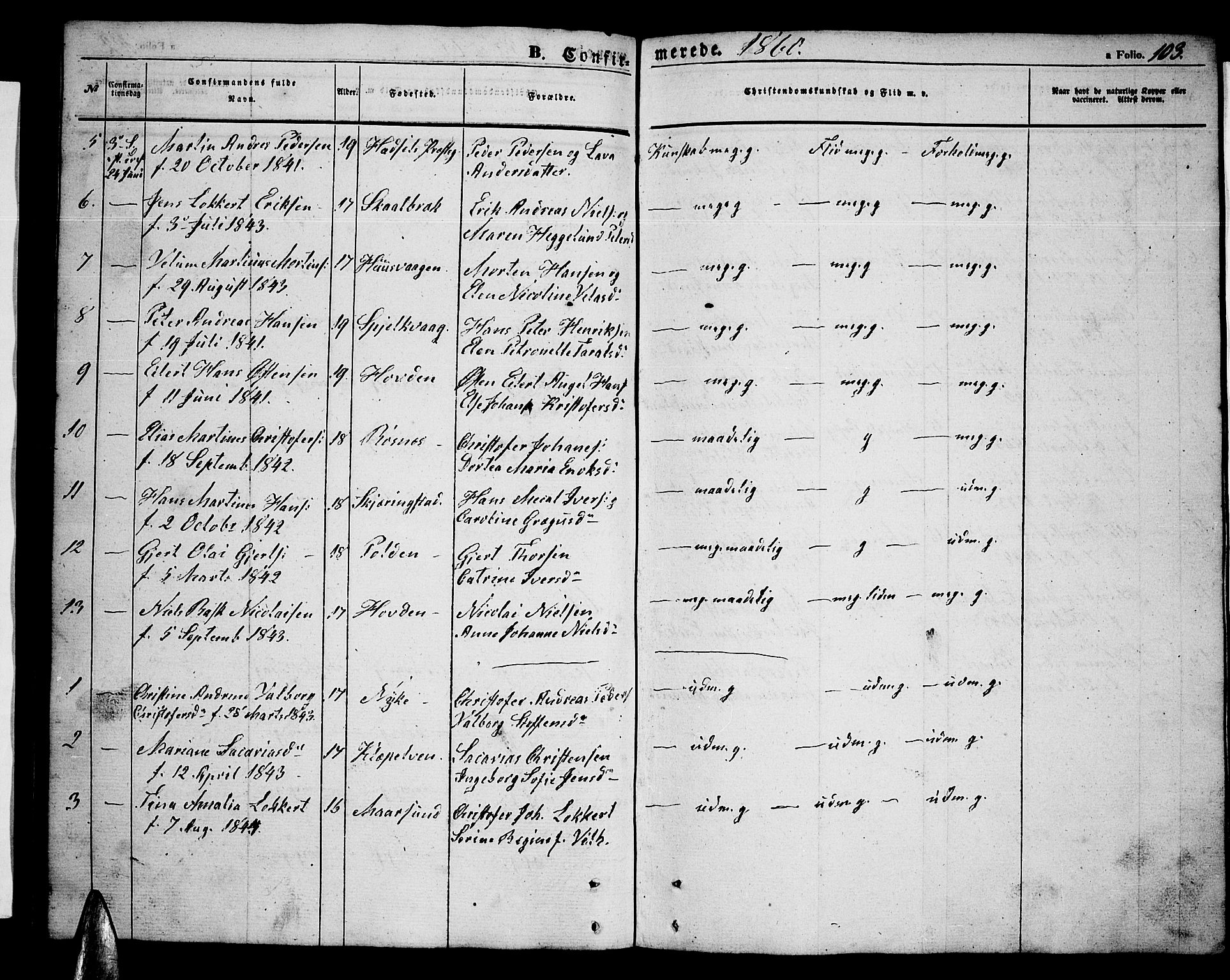 Ministerialprotokoller, klokkerbøker og fødselsregistre - Nordland, SAT/A-1459/891/L1313: Parish register (copy) no. 891C02, 1856-1870, p. 103