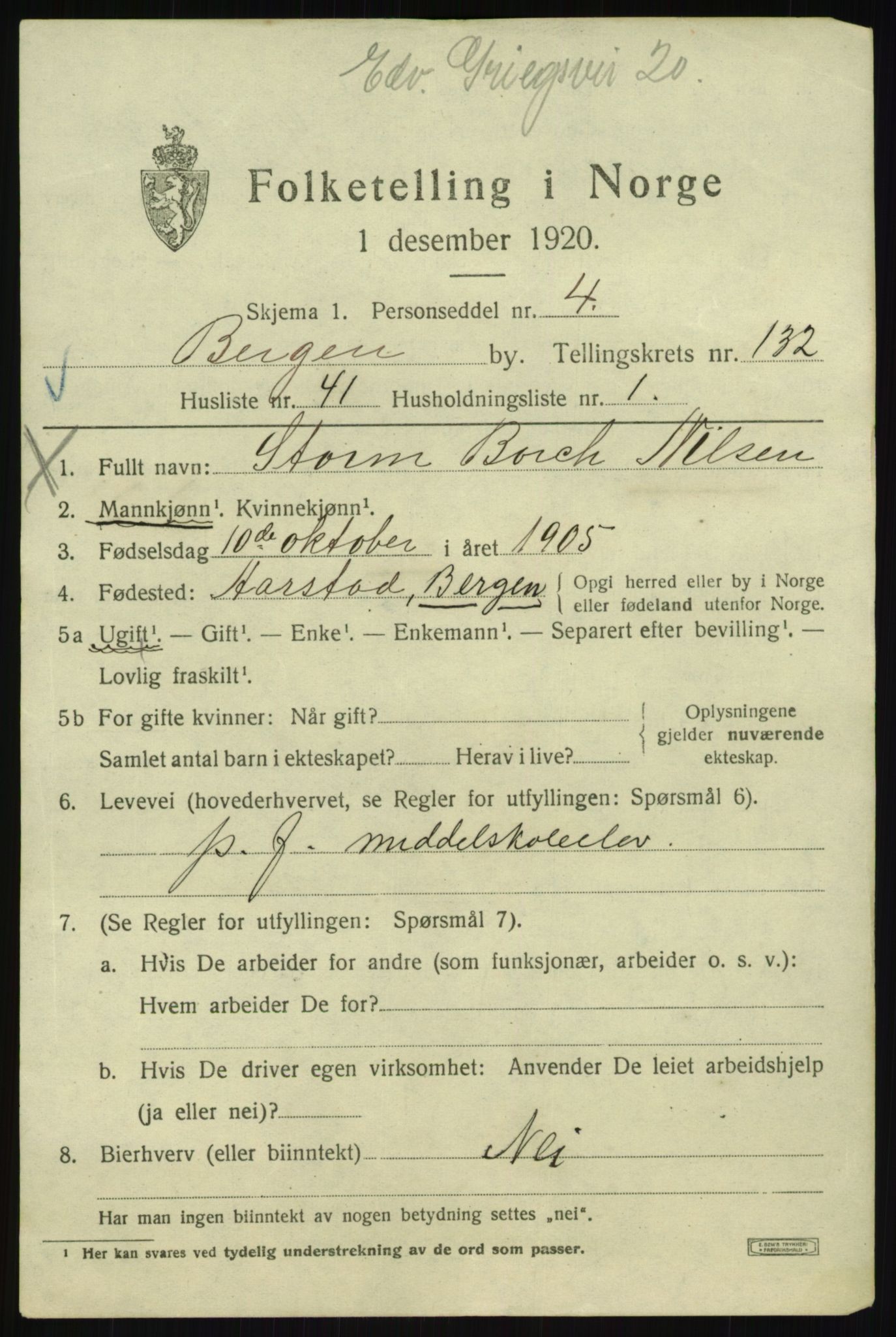 SAB, 1920 census for Bergen, 1920, p. 223648