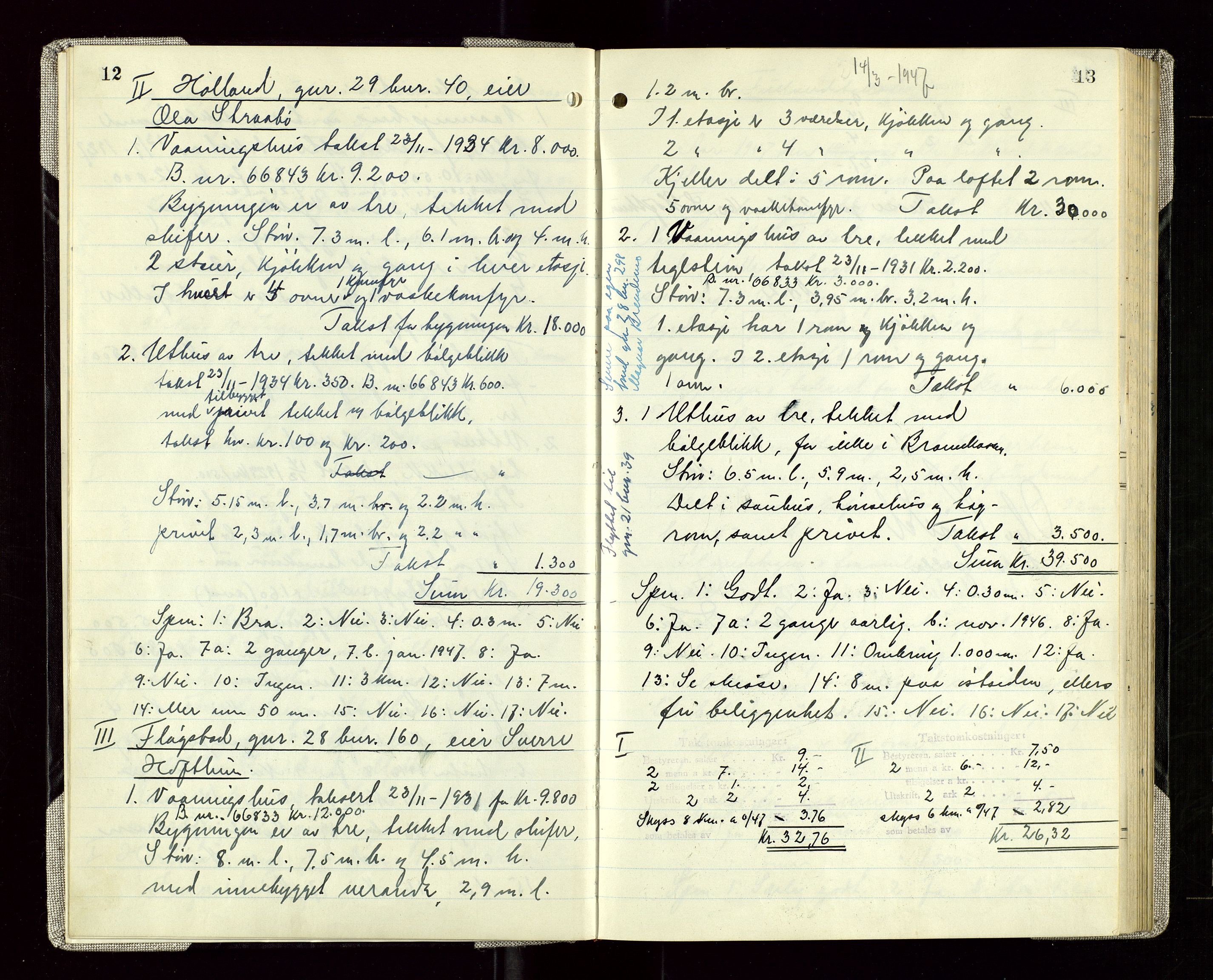 Sauda lensmannskontor, AV/SAST-A-100177/Goa/L0005: "Branntakstprotokoll for Sauda lensmannsdistrikt", 1946-1955, p. 12-13