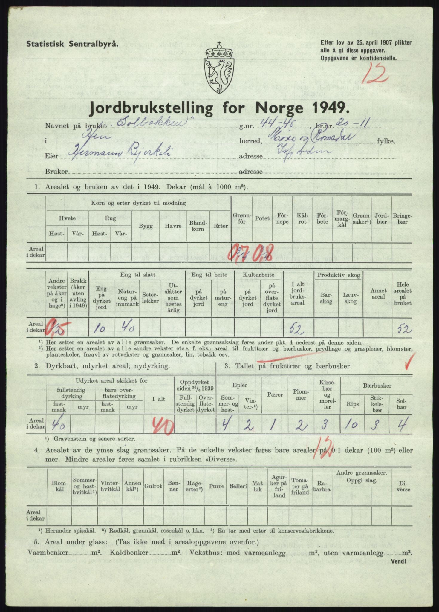 Statistisk sentralbyrå, Næringsøkonomiske emner, Jordbruk, skogbruk, jakt, fiske og fangst, AV/RA-S-2234/G/Gc/L0323: Møre og Romsdal: Grytten og Hen, 1949, p. 775