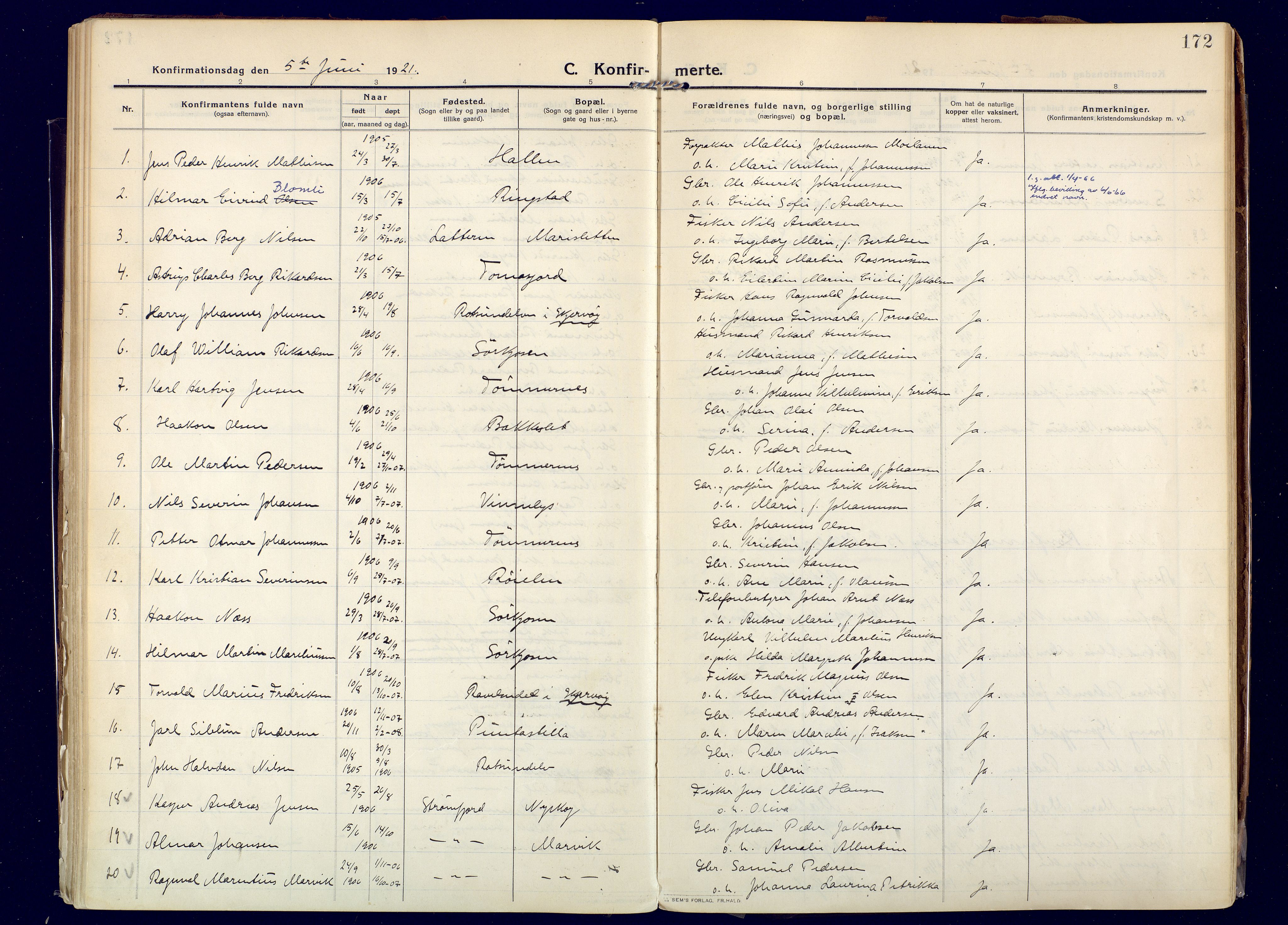 Skjervøy sokneprestkontor, AV/SATØ-S-1300/H/Ha/Haa: Parish register (official) no. 20, 1911-1931, p. 172