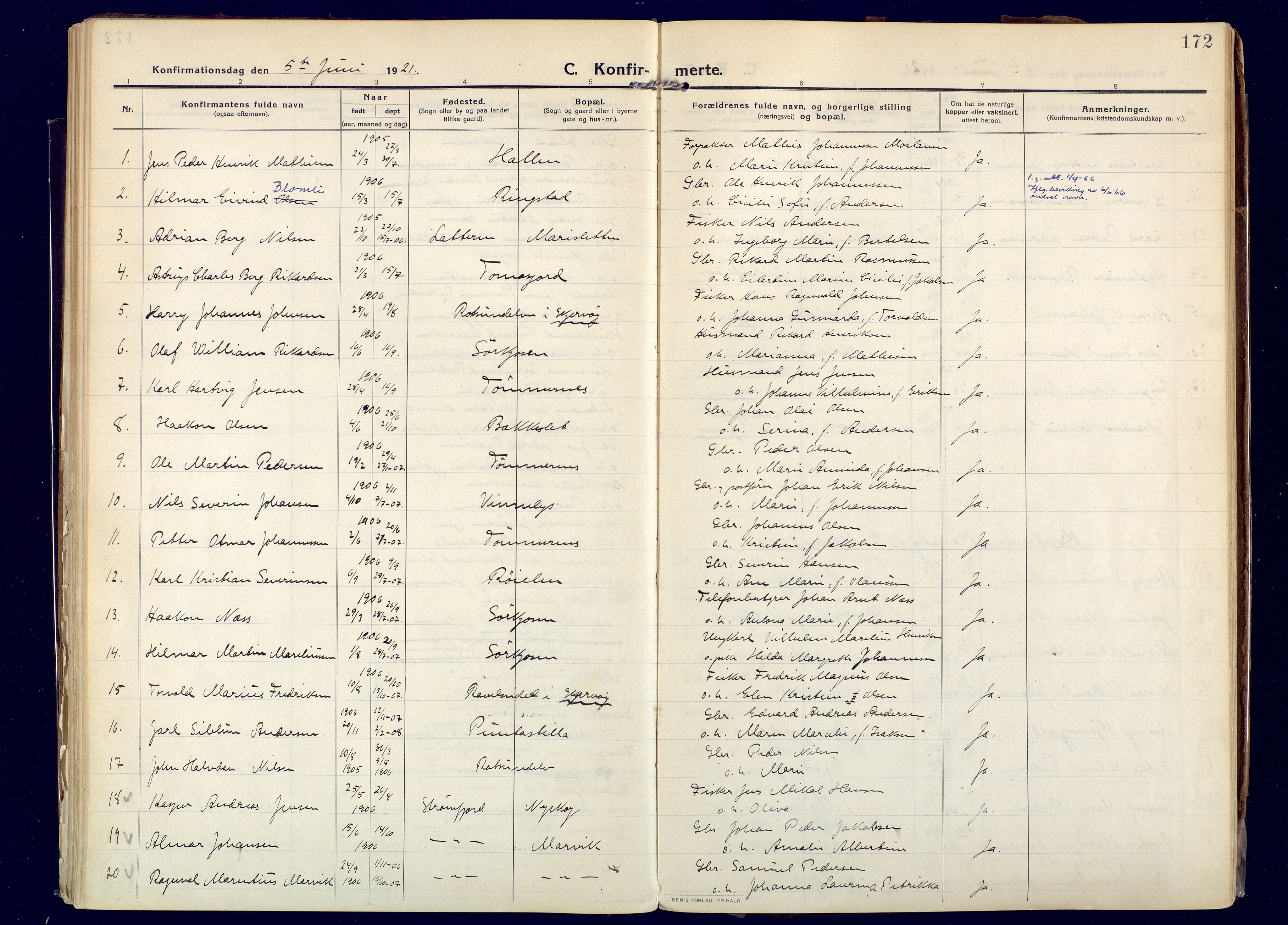 Skjervøy sokneprestkontor, SATØ/S-1300/H/Ha/Haa: Parish register (official) no. 20, 1911-1931, p. 172