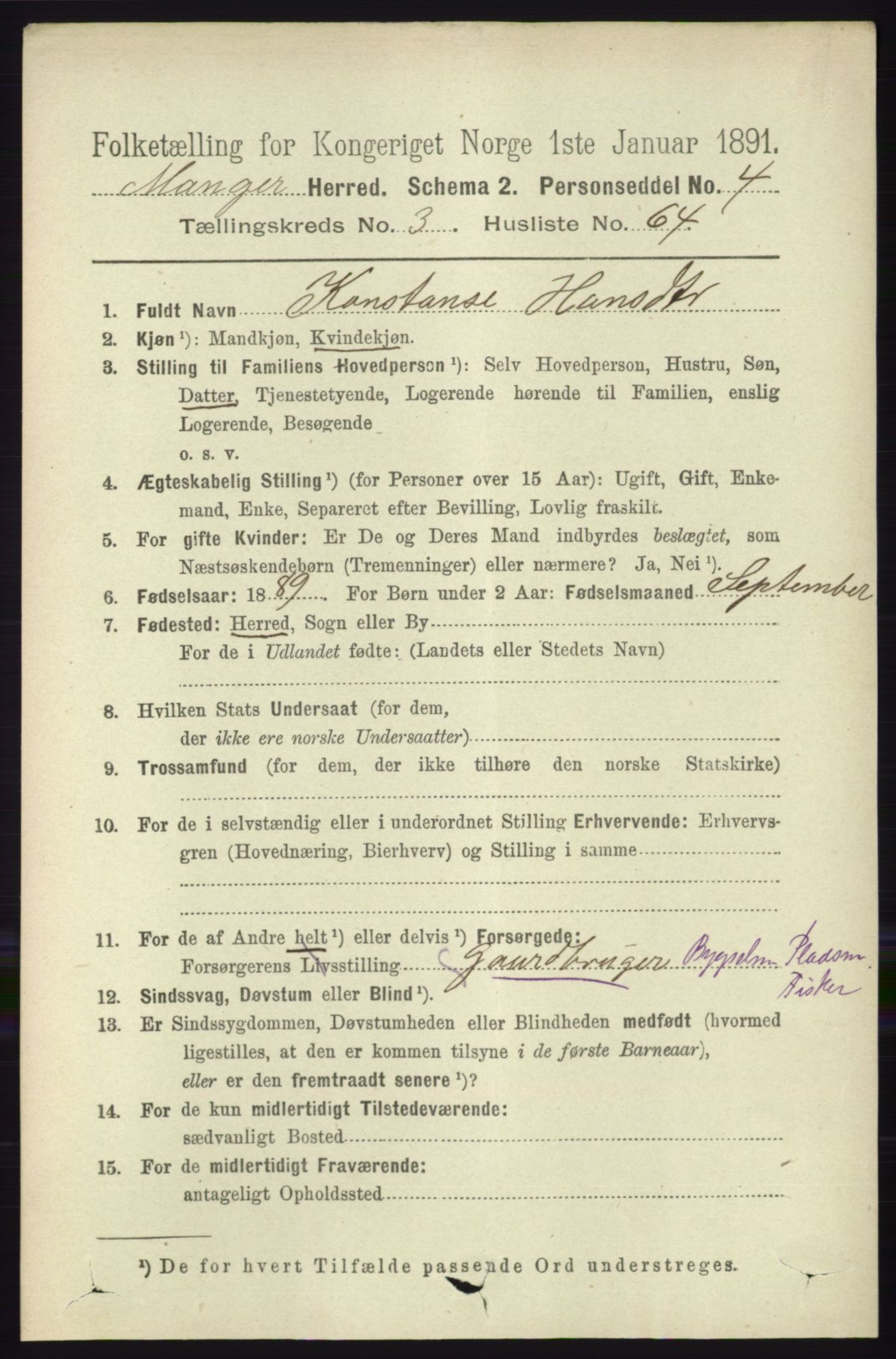 RA, 1891 census for 1261 Manger, 1891, p. 1853