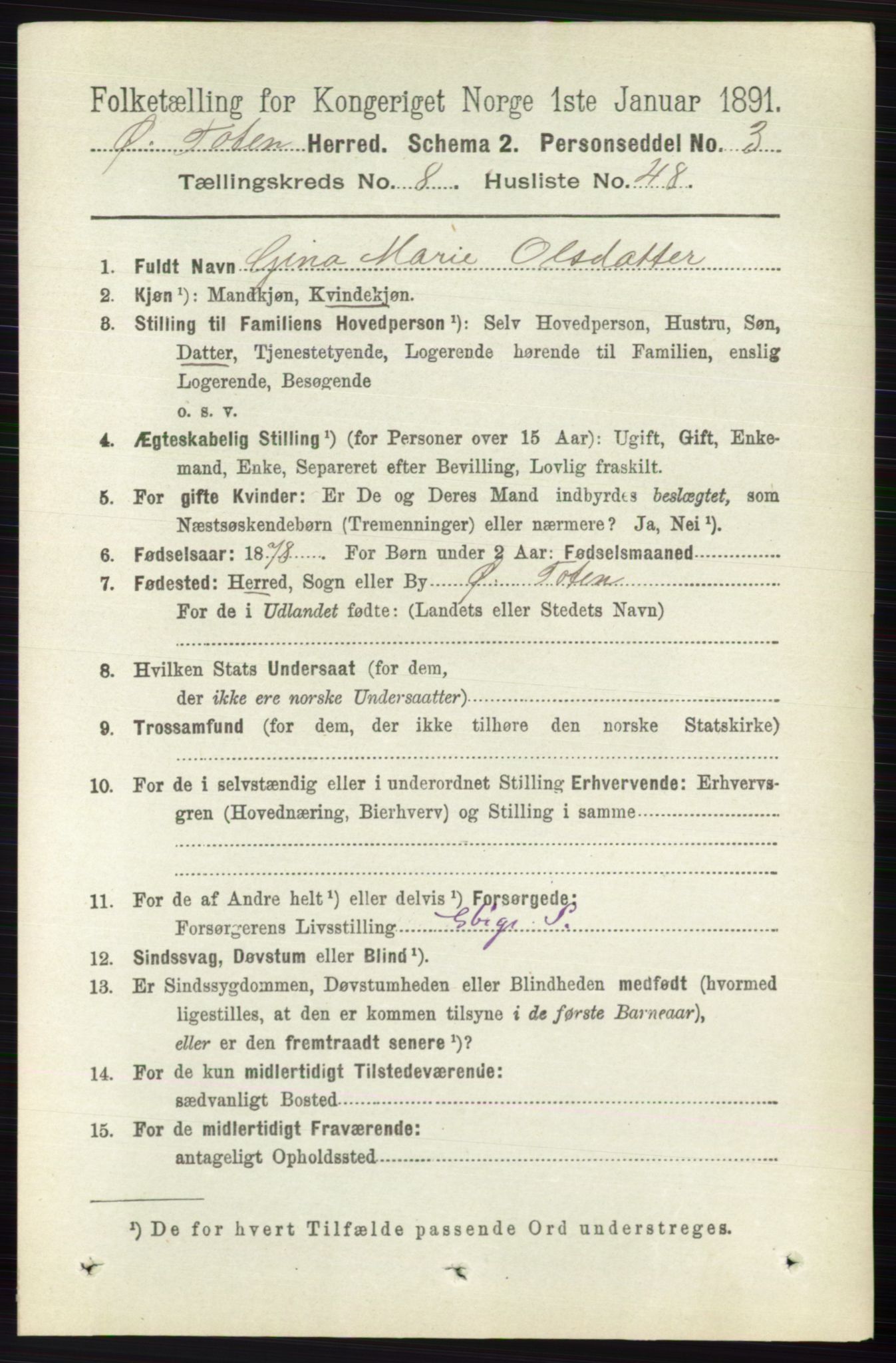 RA, 1891 census for 0528 Østre Toten, 1891, p. 5294