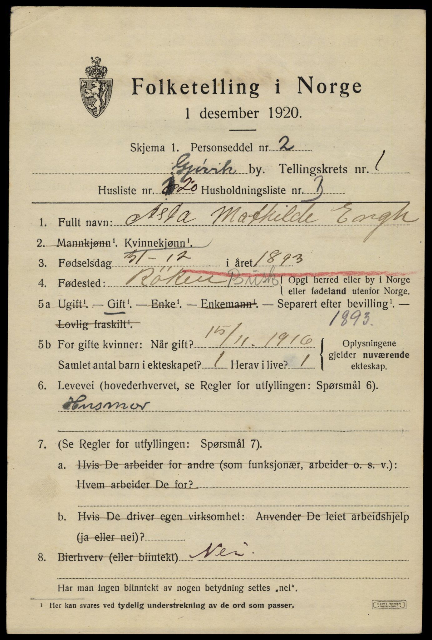 SAH, 1920 census for Gjøvik, 1920, p. 3320