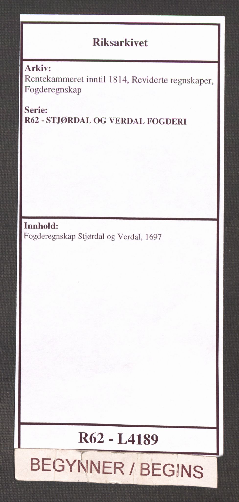 Rentekammeret inntil 1814, Reviderte regnskaper, Fogderegnskap, AV/RA-EA-4092/R62/L4189: Fogderegnskap Stjørdal og Verdal, 1697, p. 1