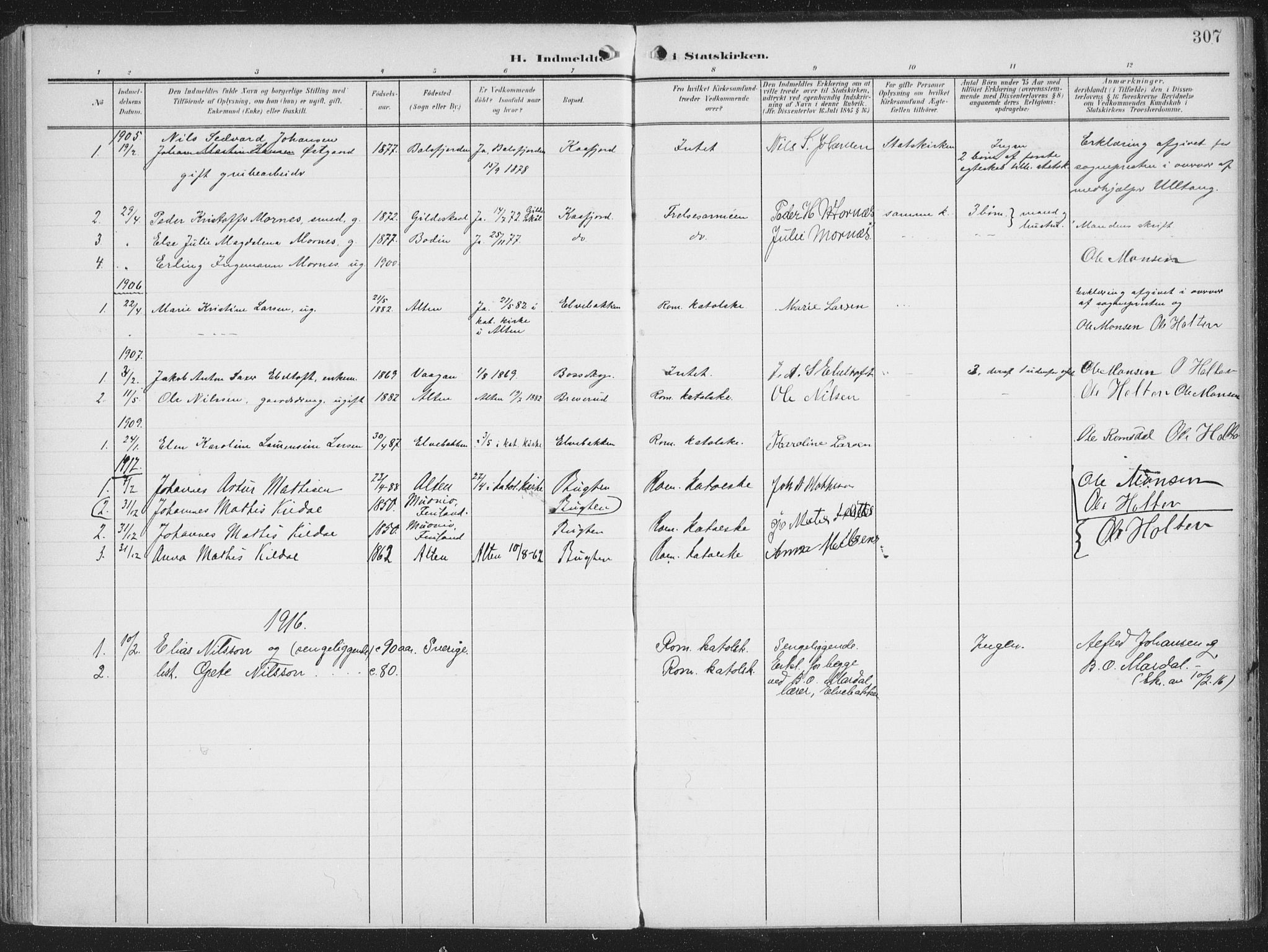 Alta sokneprestkontor, SATØ/S-1338/H/Ha/L0005.kirke: Parish register (official) no. 5, 1904-1918, p. 307