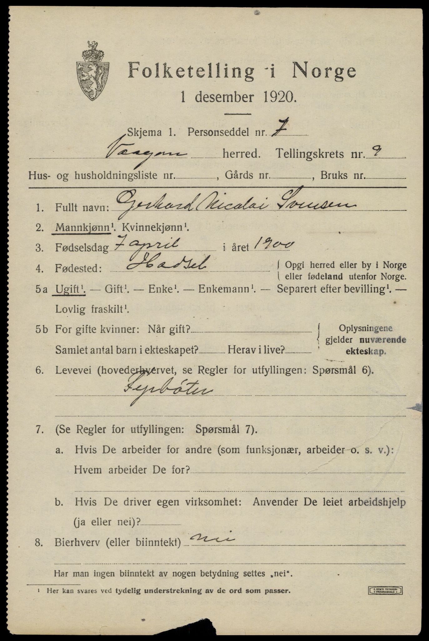 SAT, 1920 census for Vågan, 1920, p. 8845