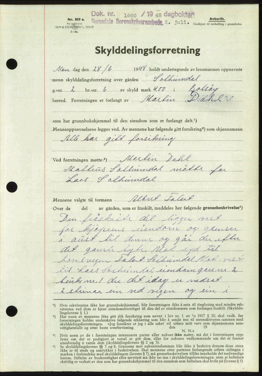 Romsdal sorenskriveri, AV/SAT-A-4149/1/2/2C: Mortgage book no. A26, 1948-1948, Diary no: : 1660/1948