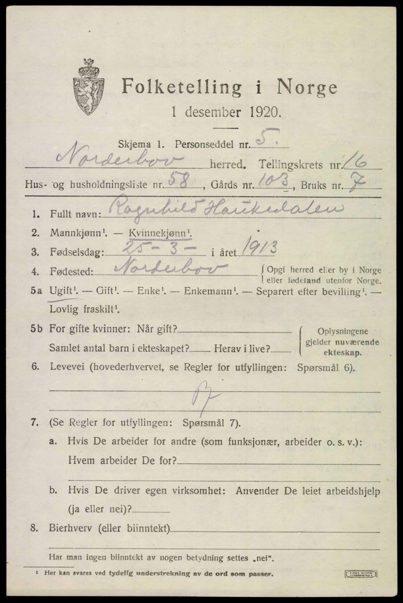 SAKO, 1920 census for Norderhov, 1920, p. 18220