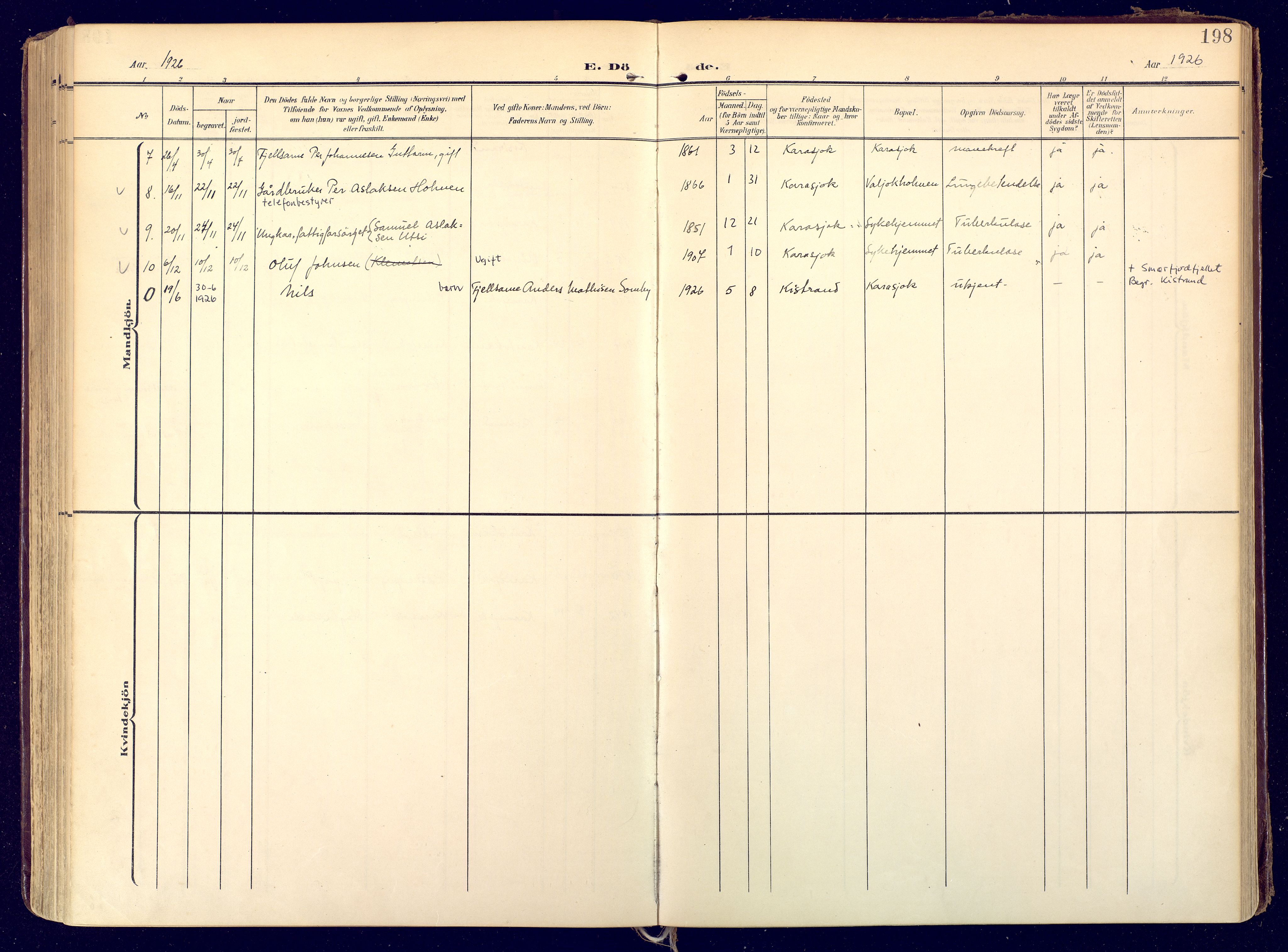 Karasjok sokneprestkontor, SATØ/S-1352/H/Ha: Parish register (official) no. 3, 1907-1926, p. 198