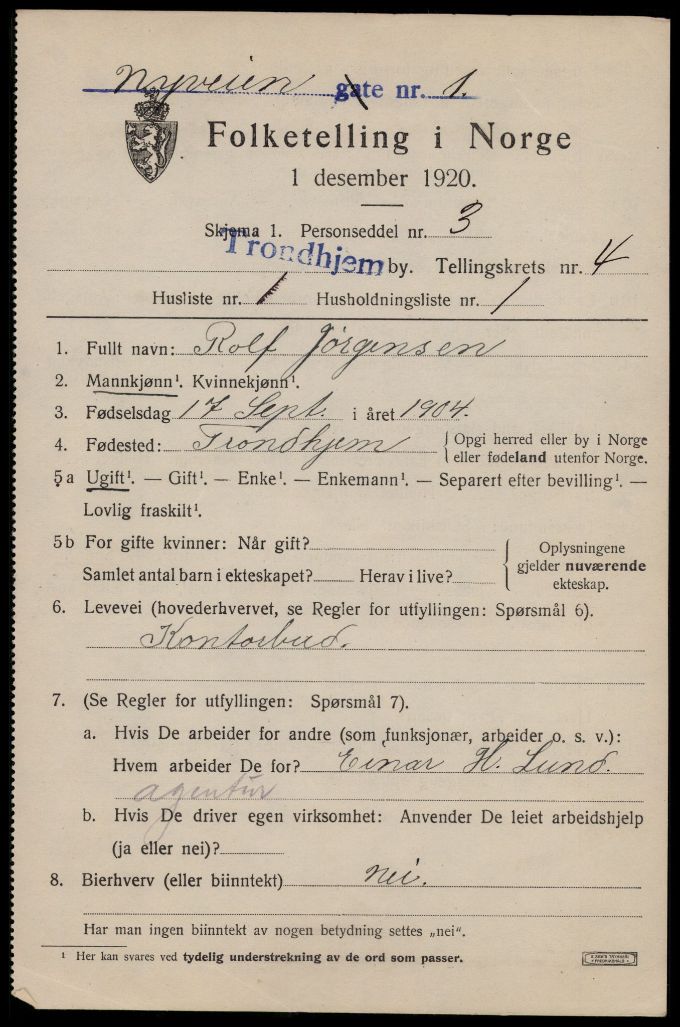 SAT, 1920 census for Trondheim, 1920, p. 36900