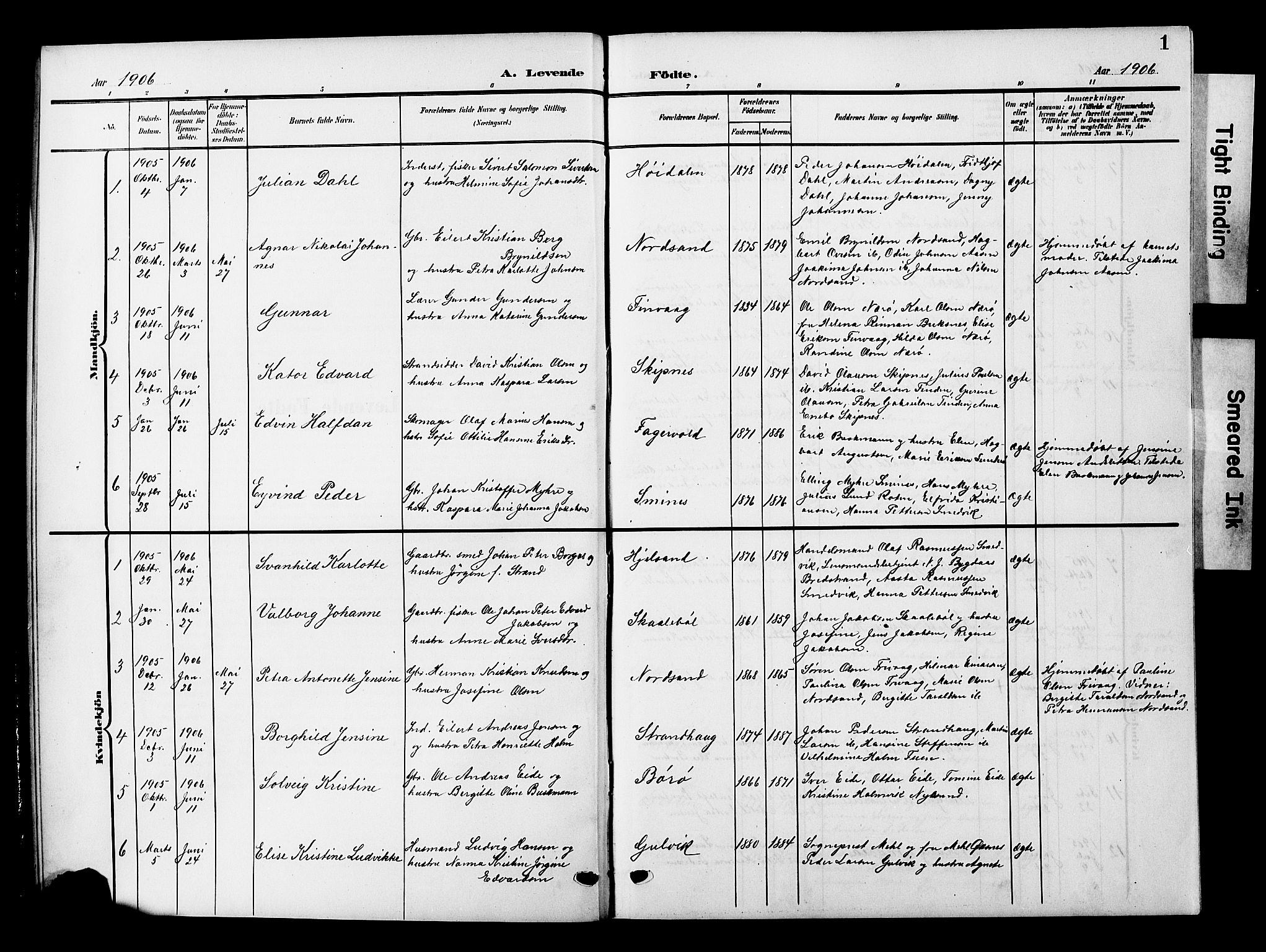 Ministerialprotokoller, klokkerbøker og fødselsregistre - Nordland, AV/SAT-A-1459/893/L1350: Parish register (copy) no. 893C05, 1906-1927, p. 1