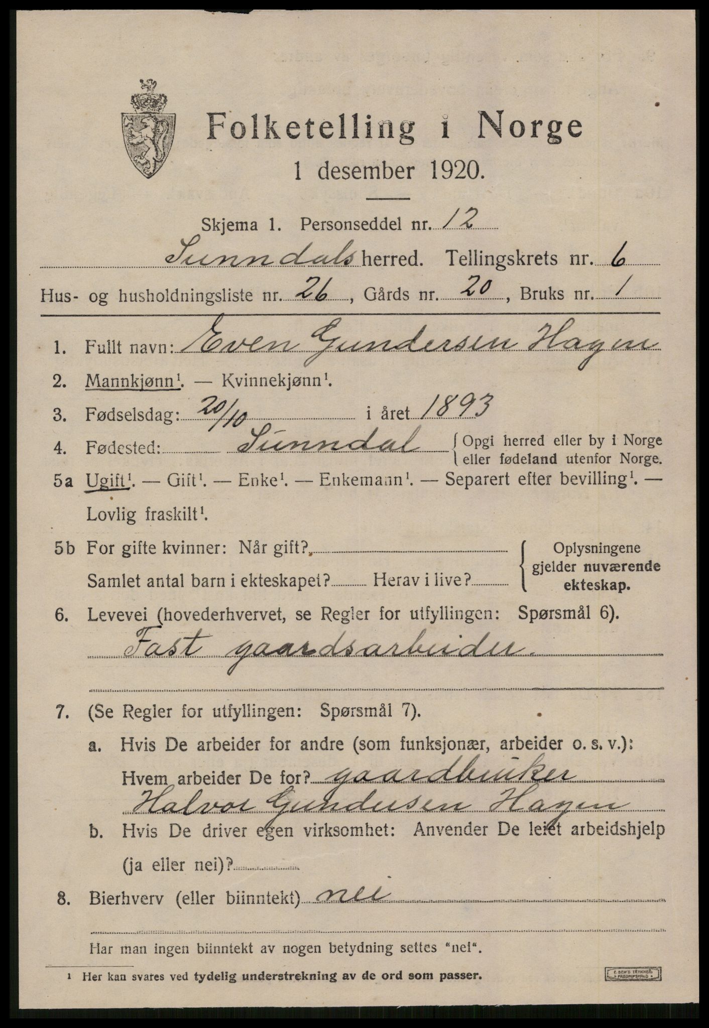 SAT, 1920 census for Sunndal, 1920, p. 3840