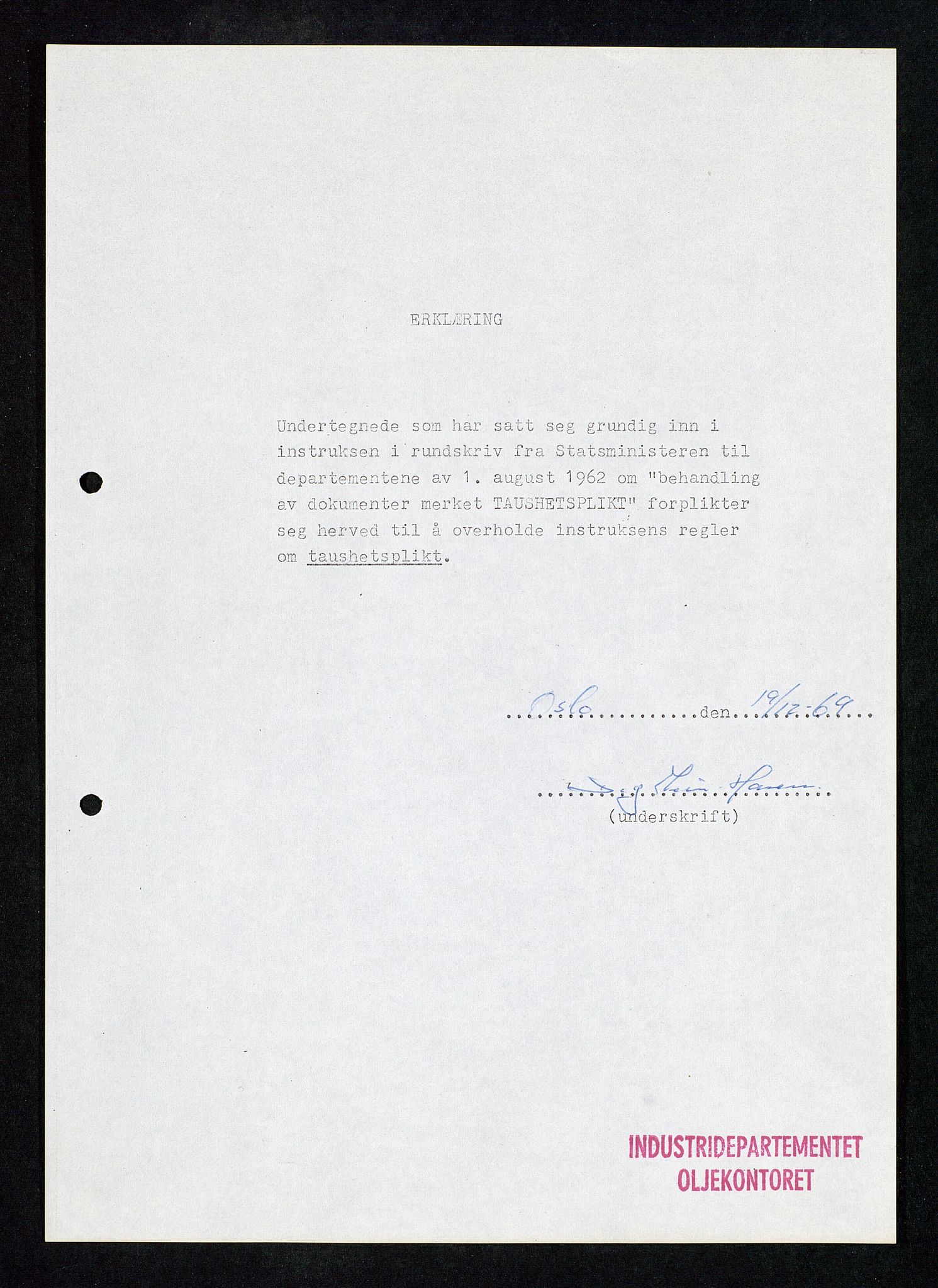 Industridepartementet, Oljekontoret, AV/SAST-A-101348/Db/L0001: Sikkerhet og utstyr, personell, arbeidstid, lønn, 1967-1973, p. 195