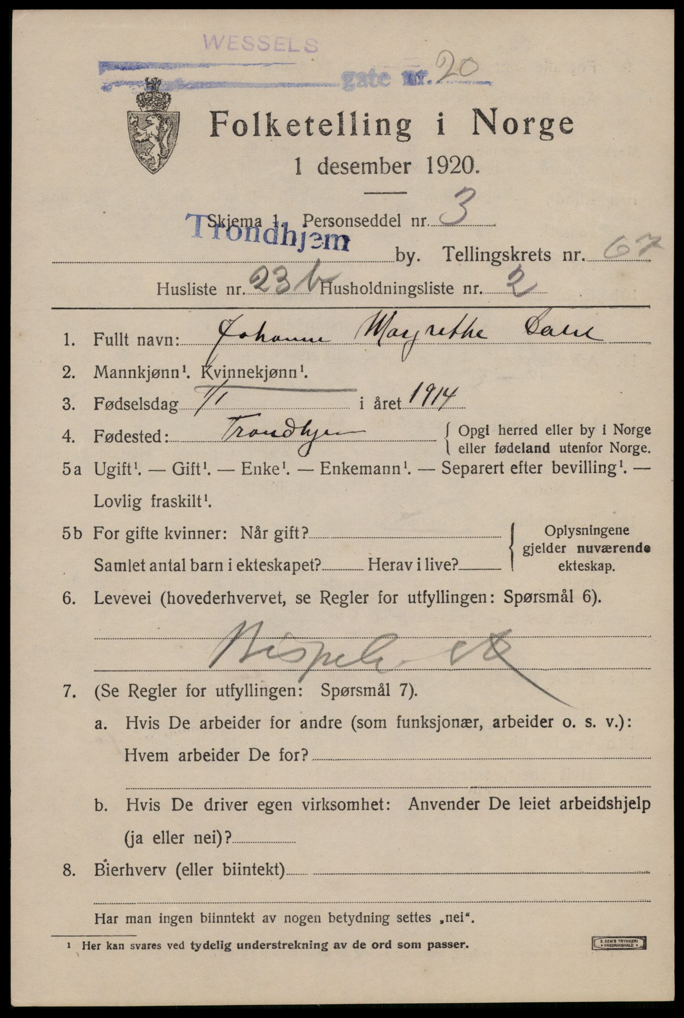 SAT, 1920 census for Trondheim, 1920, p. 133476