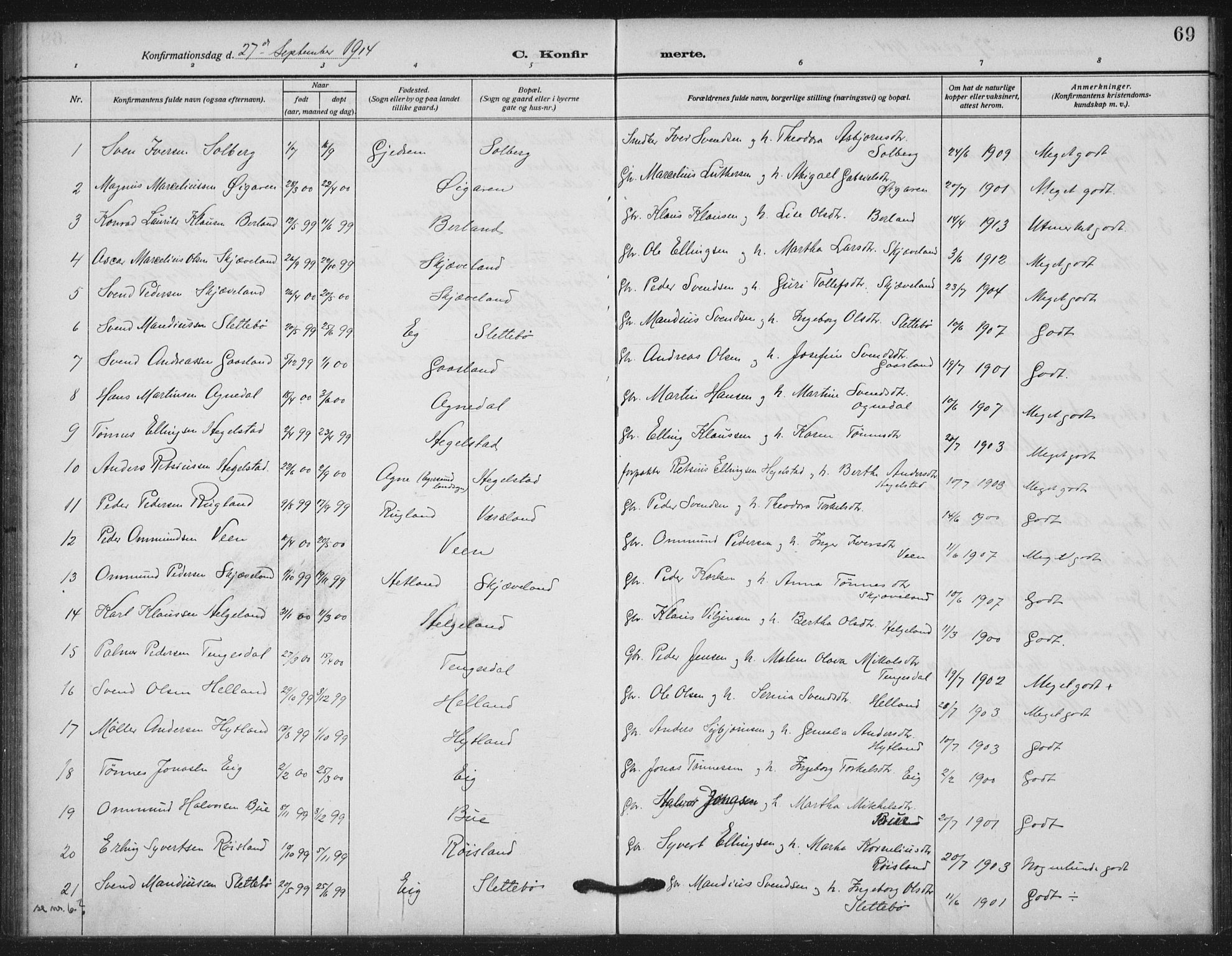 Helleland sokneprestkontor, SAST/A-101810: Parish register (official) no. A 11, 1909-1922, p. 69