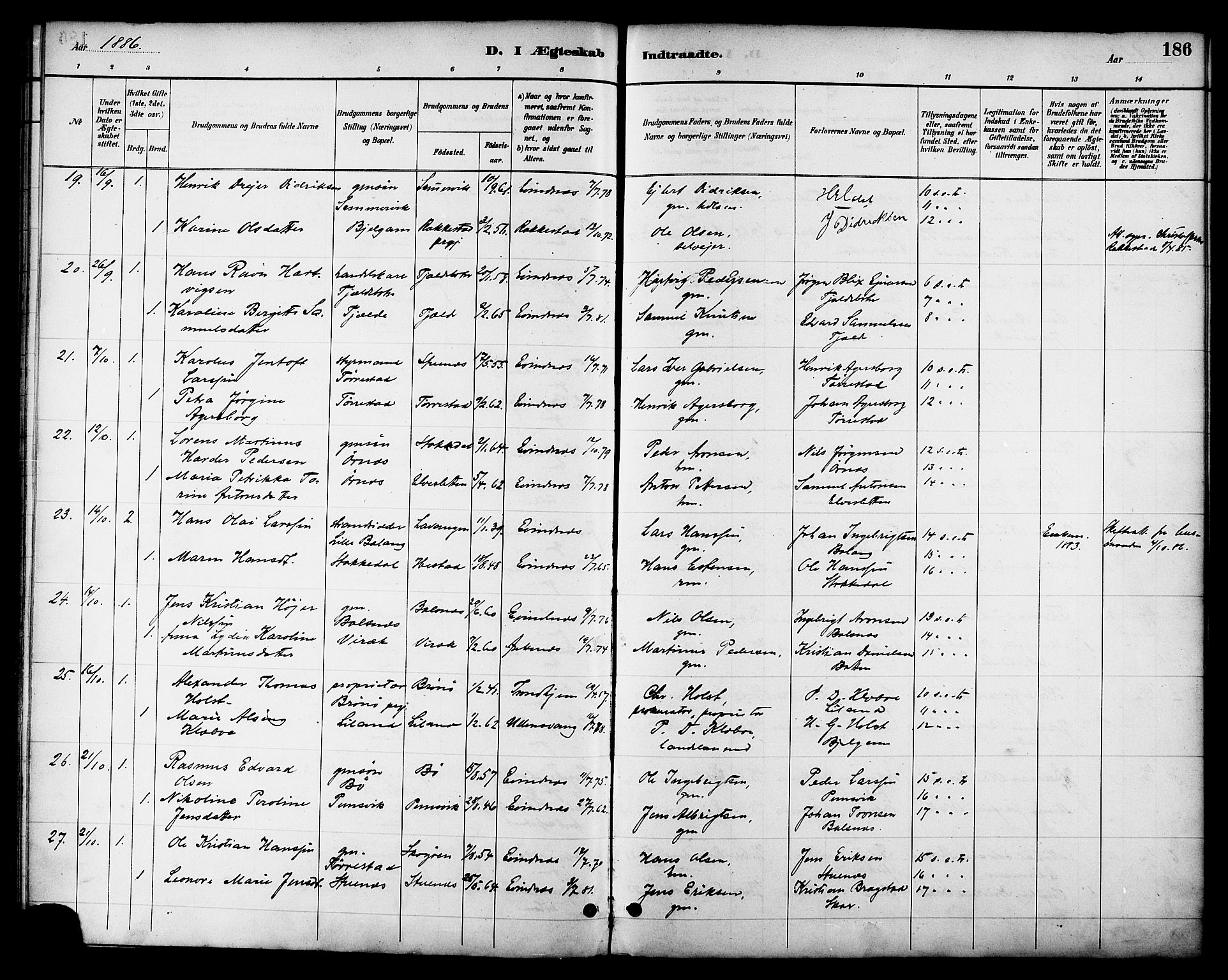 Ministerialprotokoller, klokkerbøker og fødselsregistre - Nordland, SAT/A-1459/863/L0898: Parish register (official) no. 863A10, 1886-1897, p. 186