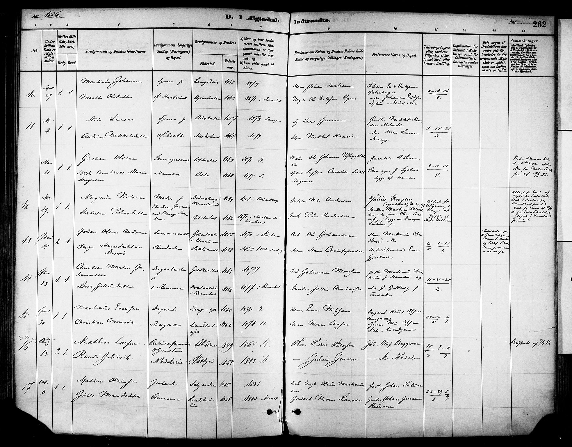 Stange prestekontor, AV/SAH-PREST-002/K/L0017: Parish register (official) no. 17, 1880-1893, p. 262