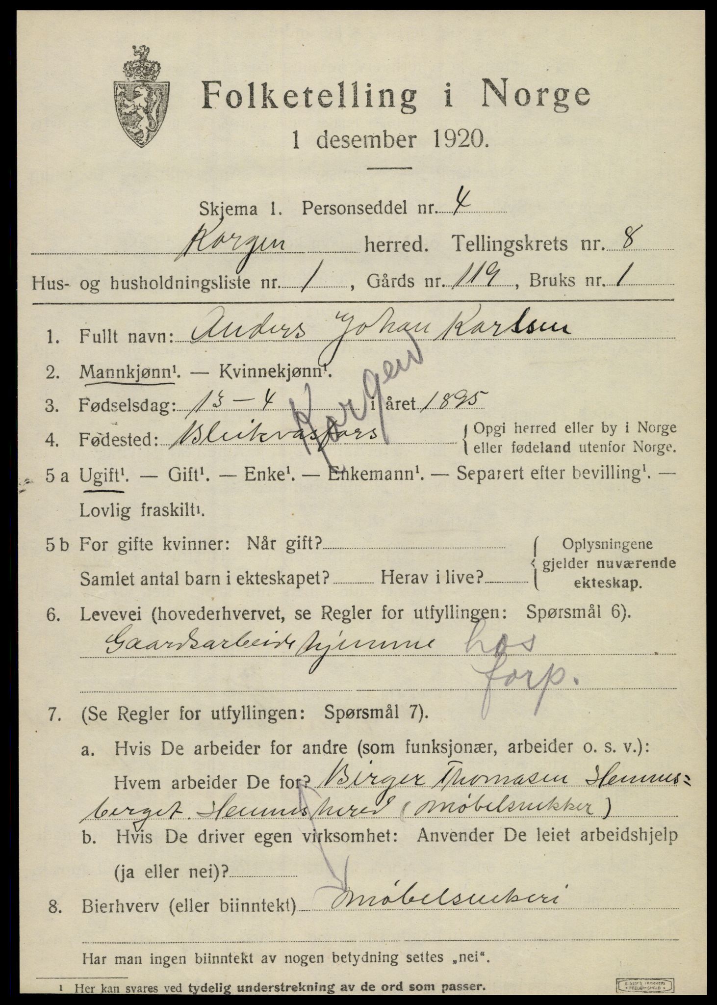 SAT, 1920 census for Korgen, 1920, p. 3048