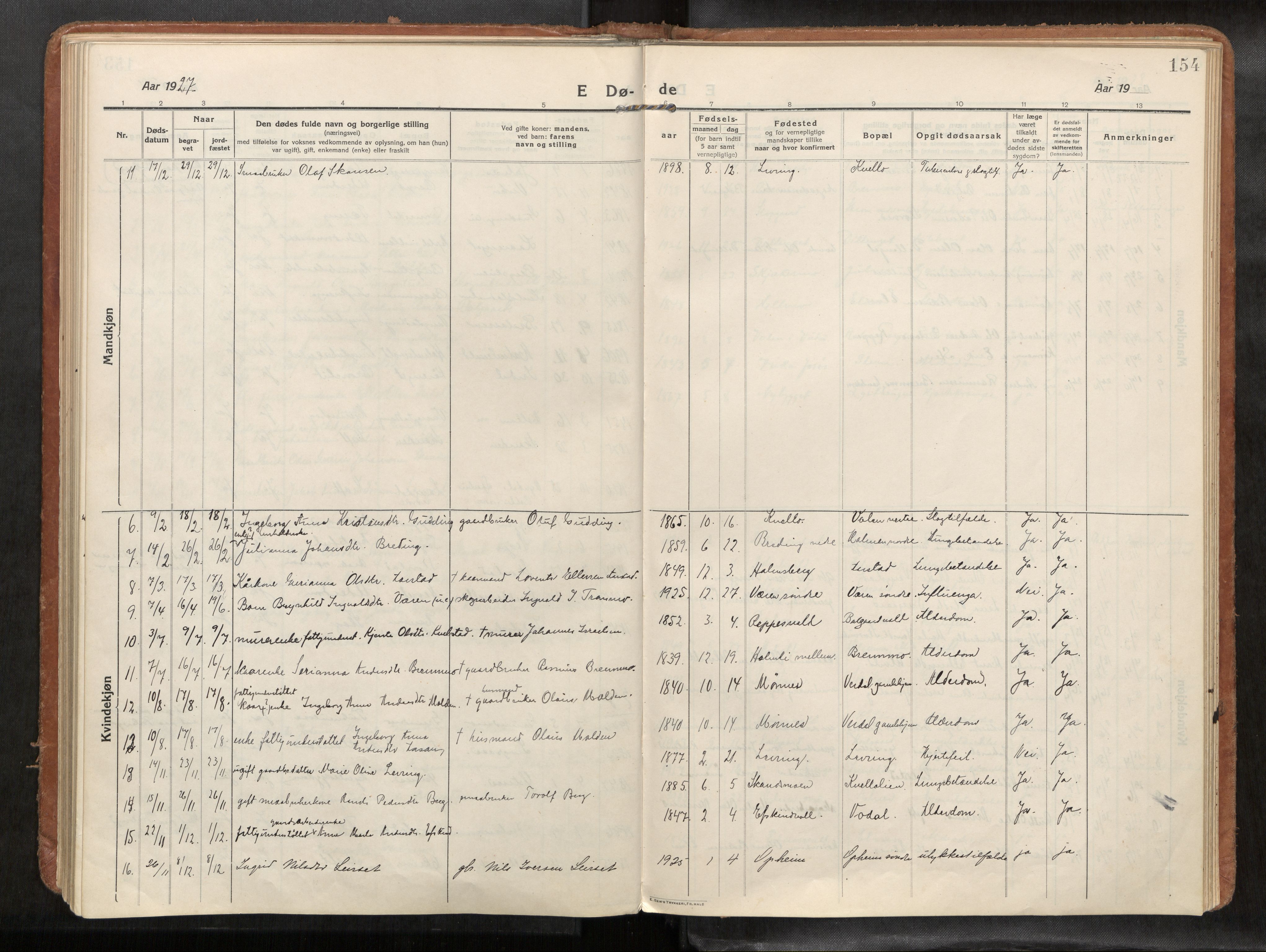 Verdal sokneprestkontor, SAT/A-1156/2/H/Haa/L0004: Parish register (official) no. 4, 1916-1928, p. 154
