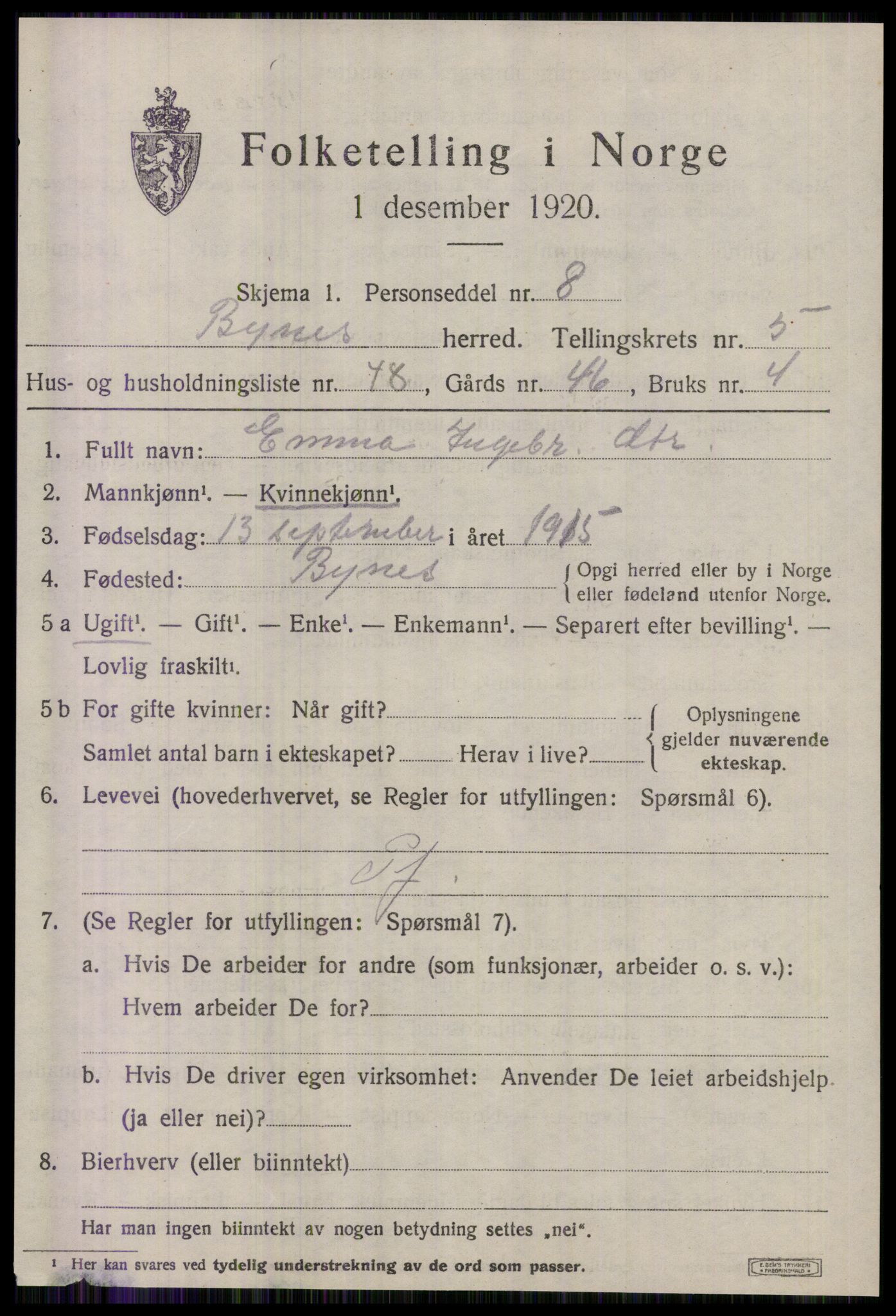 SAT, 1920 census for Byneset, 1920, p. 2994