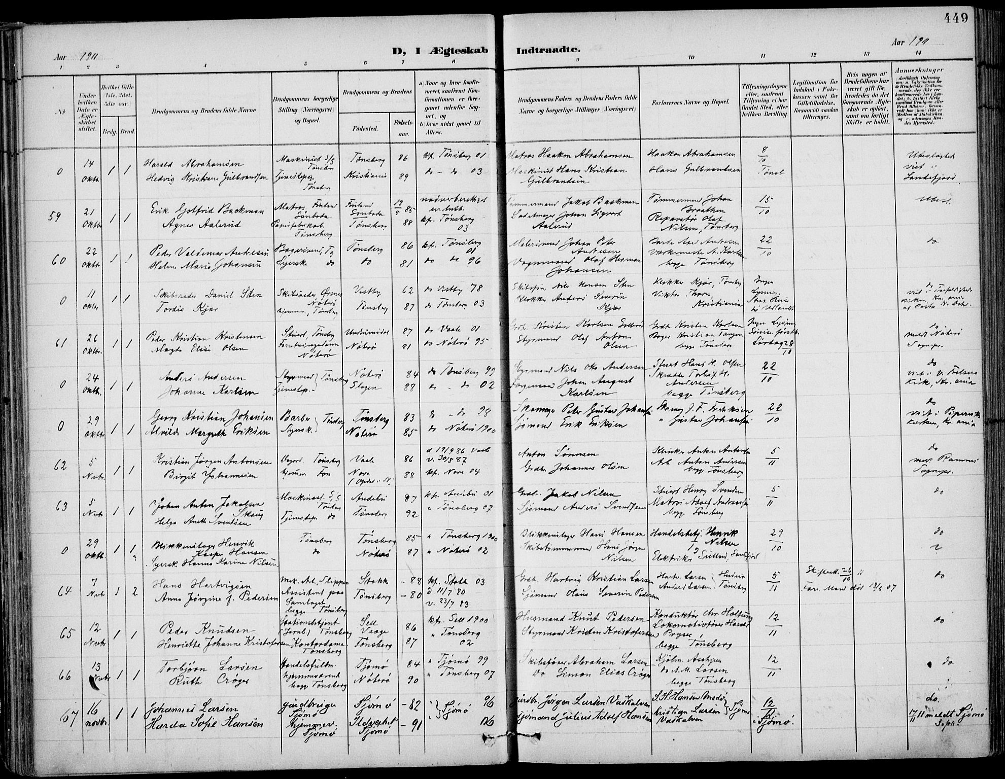 Tønsberg kirkebøker, SAKO/A-330/F/Fa/L0013: Parish register (official) no. I 13, 1900-1913, p. 449