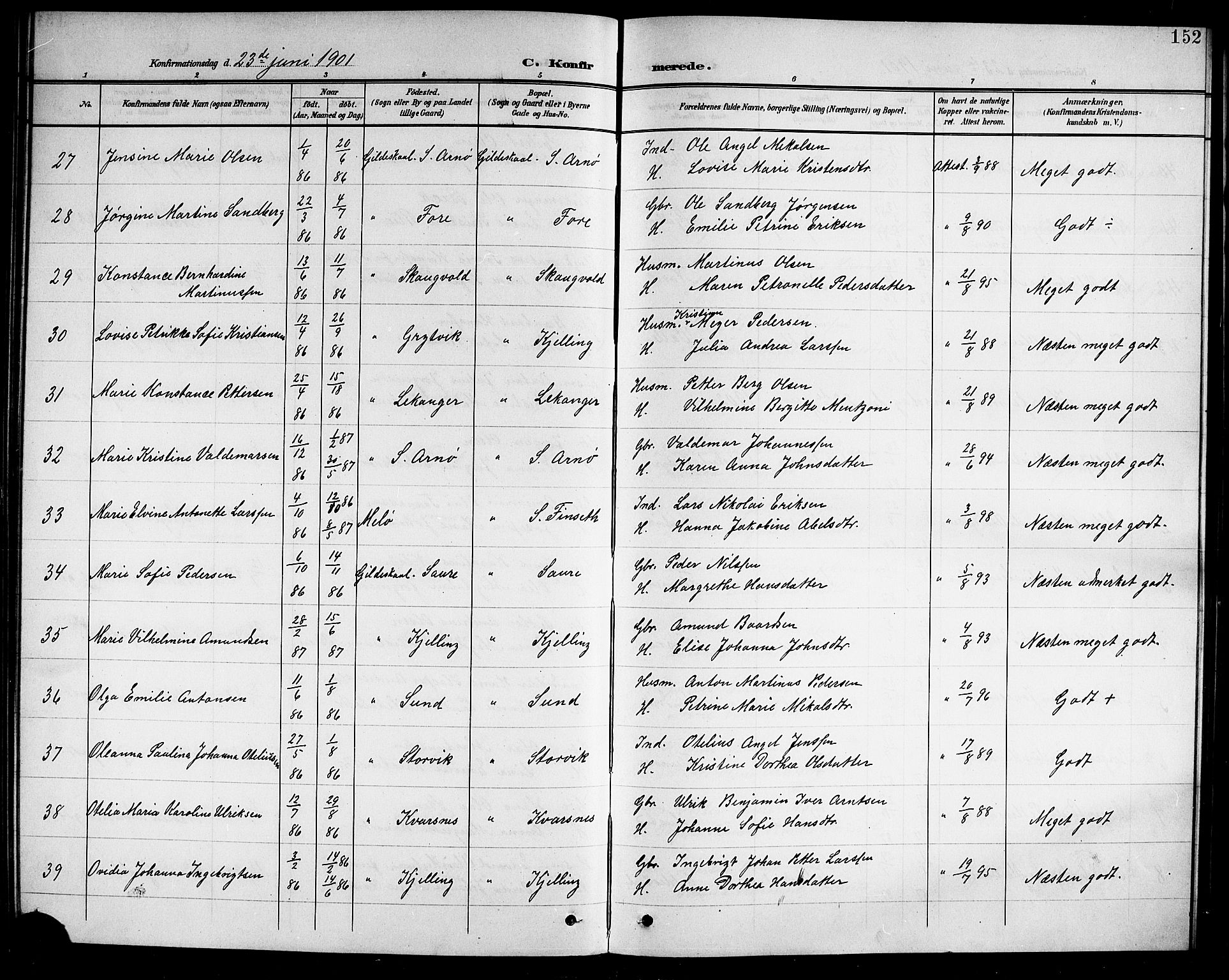 Ministerialprotokoller, klokkerbøker og fødselsregistre - Nordland, AV/SAT-A-1459/805/L0109: Parish register (copy) no. 805C05, 1900-1911, p. 152