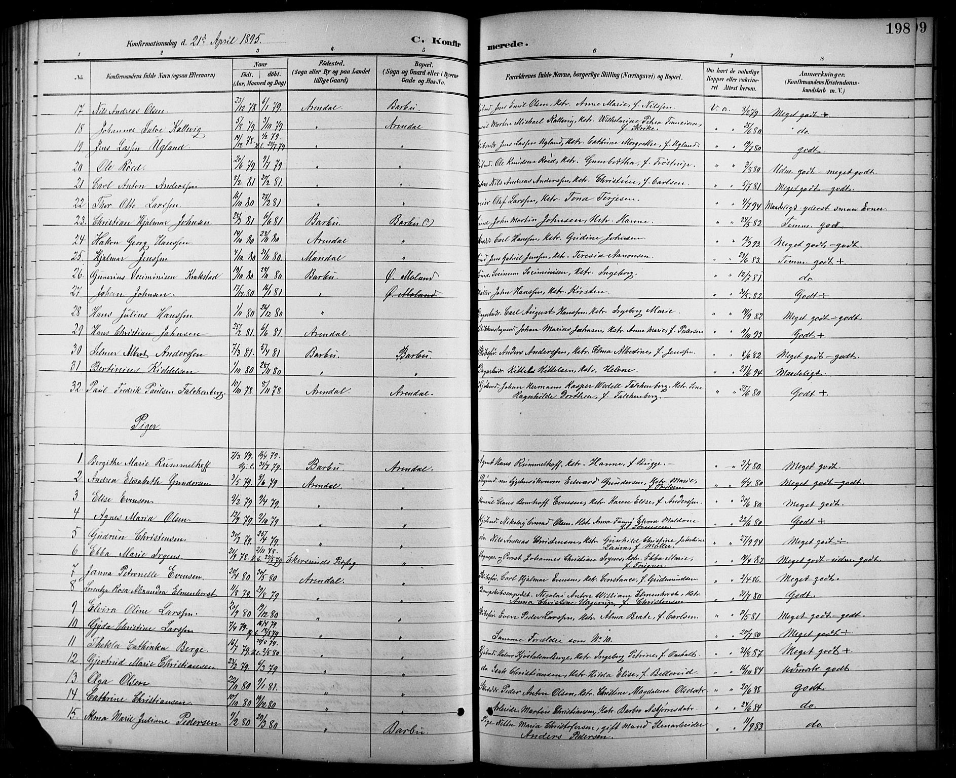 Arendal sokneprestkontor, Trefoldighet, SAK/1111-0040/F/Fb/L0006: Parish register (copy) no. B 6, 1889-1916, p. 198
