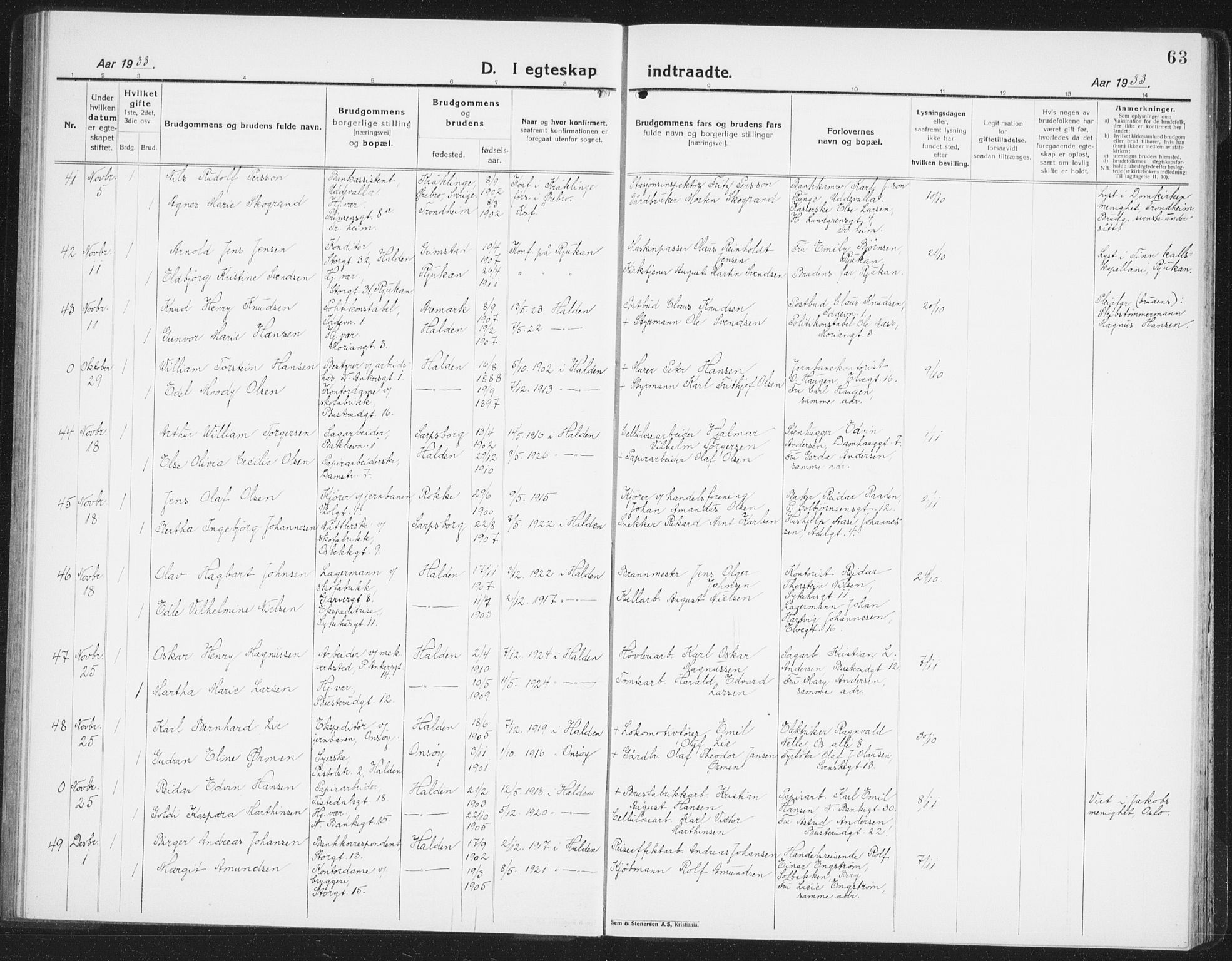 Halden prestekontor Kirkebøker, AV/SAO-A-10909/G/Ga/L0014: Parish register (copy) no. 14, 1925-1943, p. 63