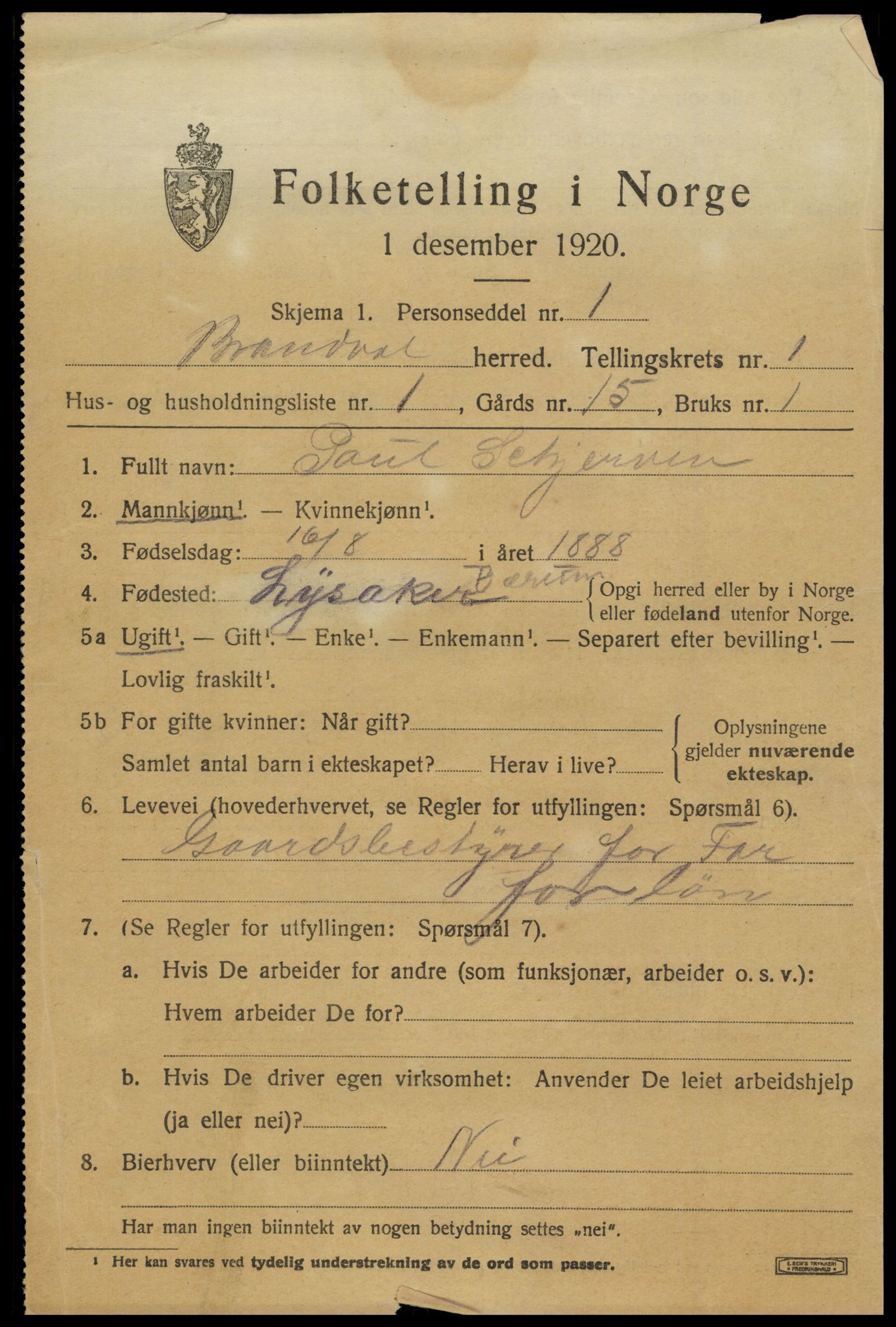 SAH, 1920 census for Brandval, 1920, p. 1518