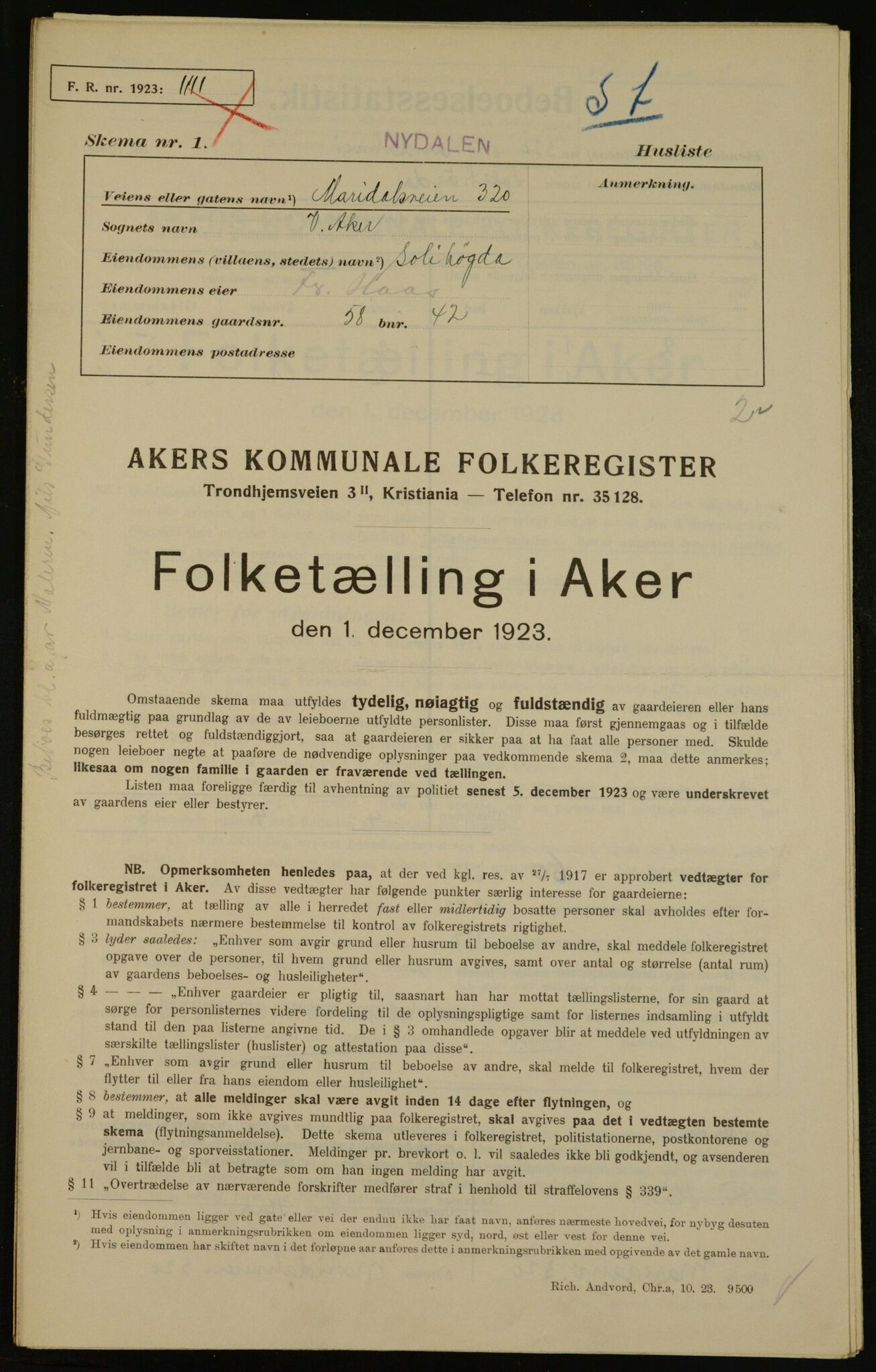 , Municipal Census 1923 for Aker, 1923, p. 14889