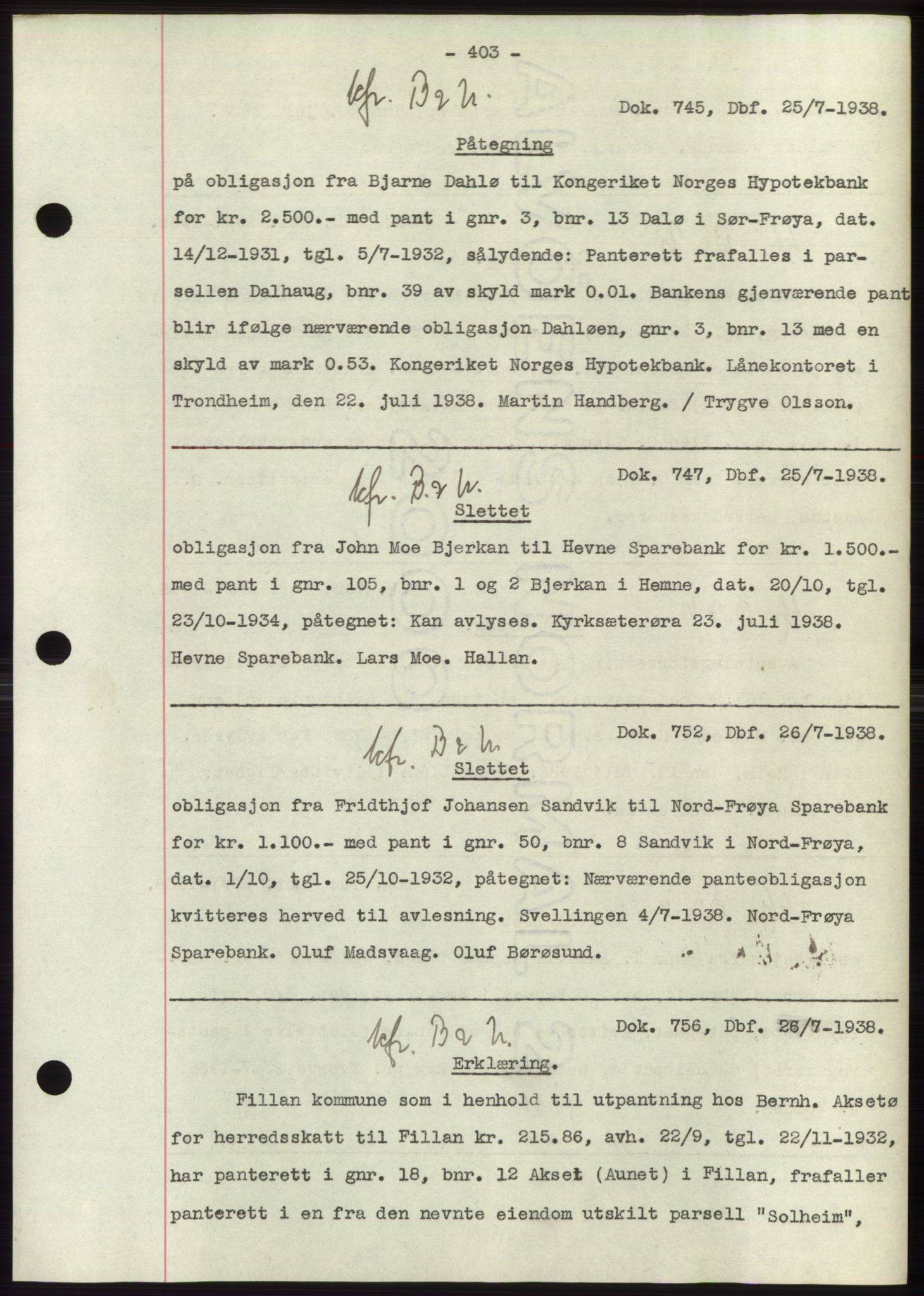 Hitra sorenskriveri, AV/SAT-A-0018/2/2C/2Ca: Mortgage book no. C1, 1936-1945, Diary no: : 745/1938