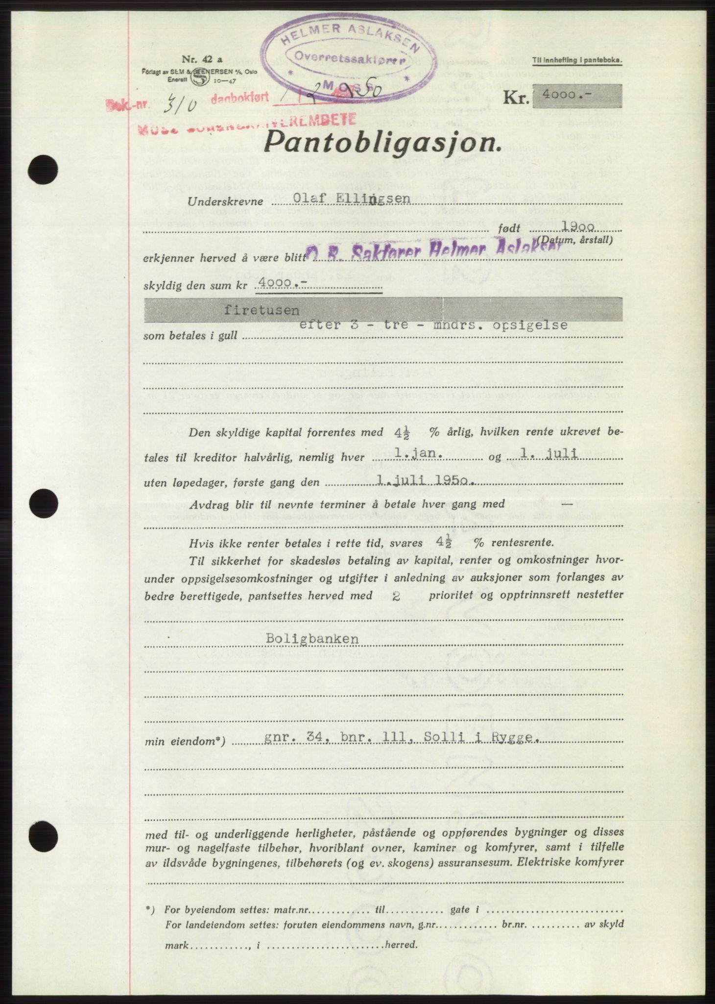 Moss sorenskriveri, SAO/A-10168: Mortgage book no. B23, 1949-1950, Diary no: : 310/1950