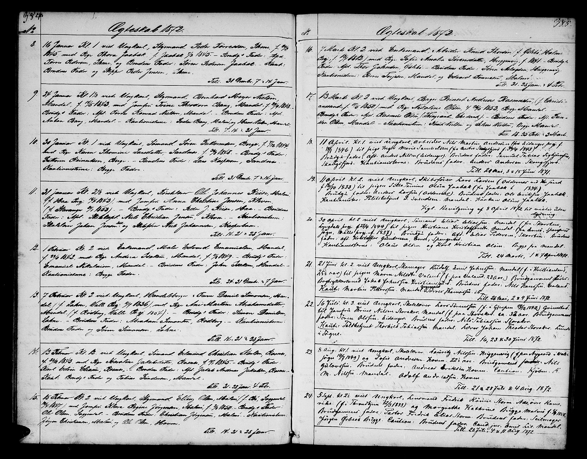 Mandal sokneprestkontor, SAK/1111-0030/F/Fb/Fba/L0009: Parish register (copy) no. B 3, 1867-1877, p. 384-385