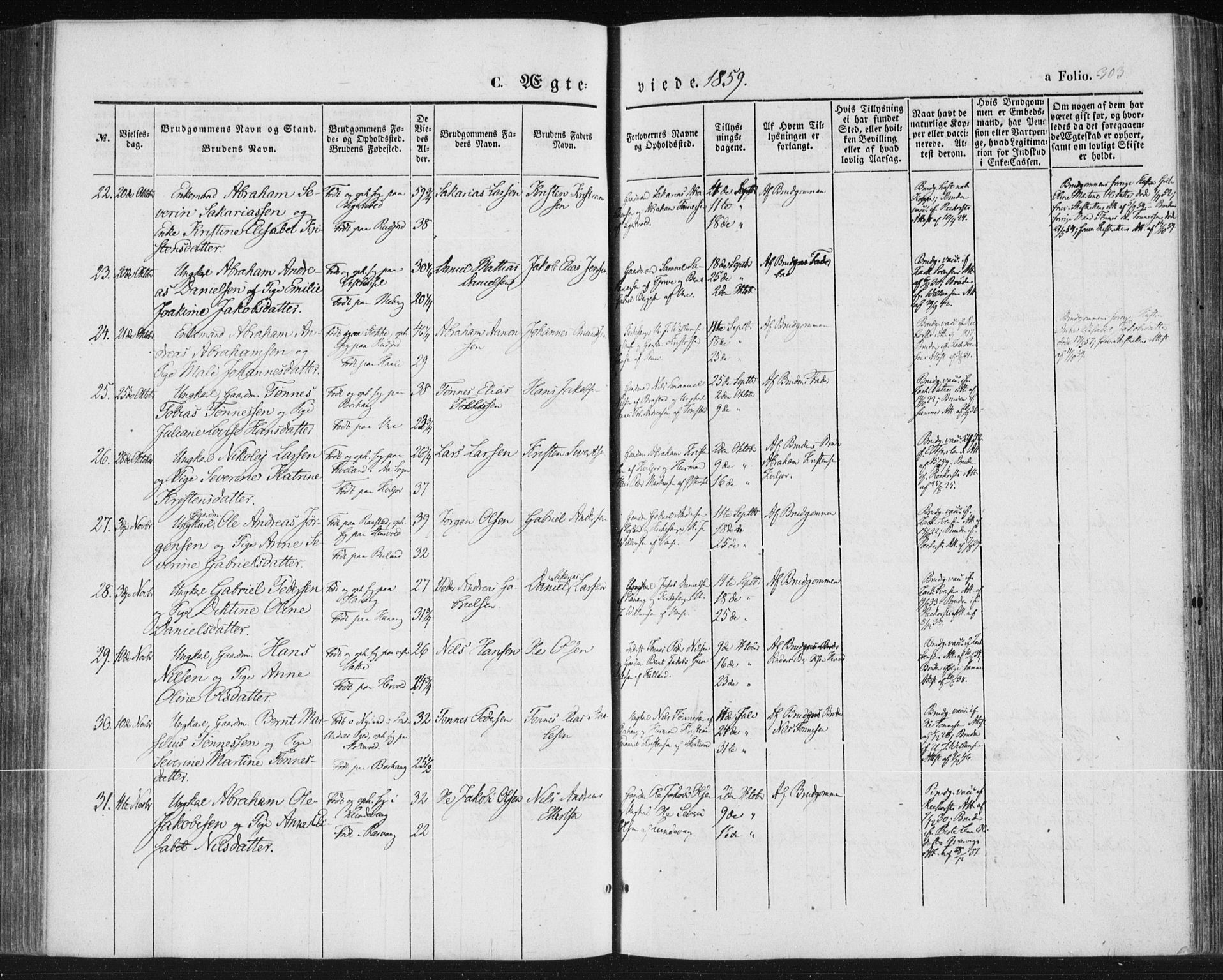 Lista sokneprestkontor, AV/SAK-1111-0027/F/Fa/L0010: Parish register (official) no. A 10, 1846-1861, p. 303