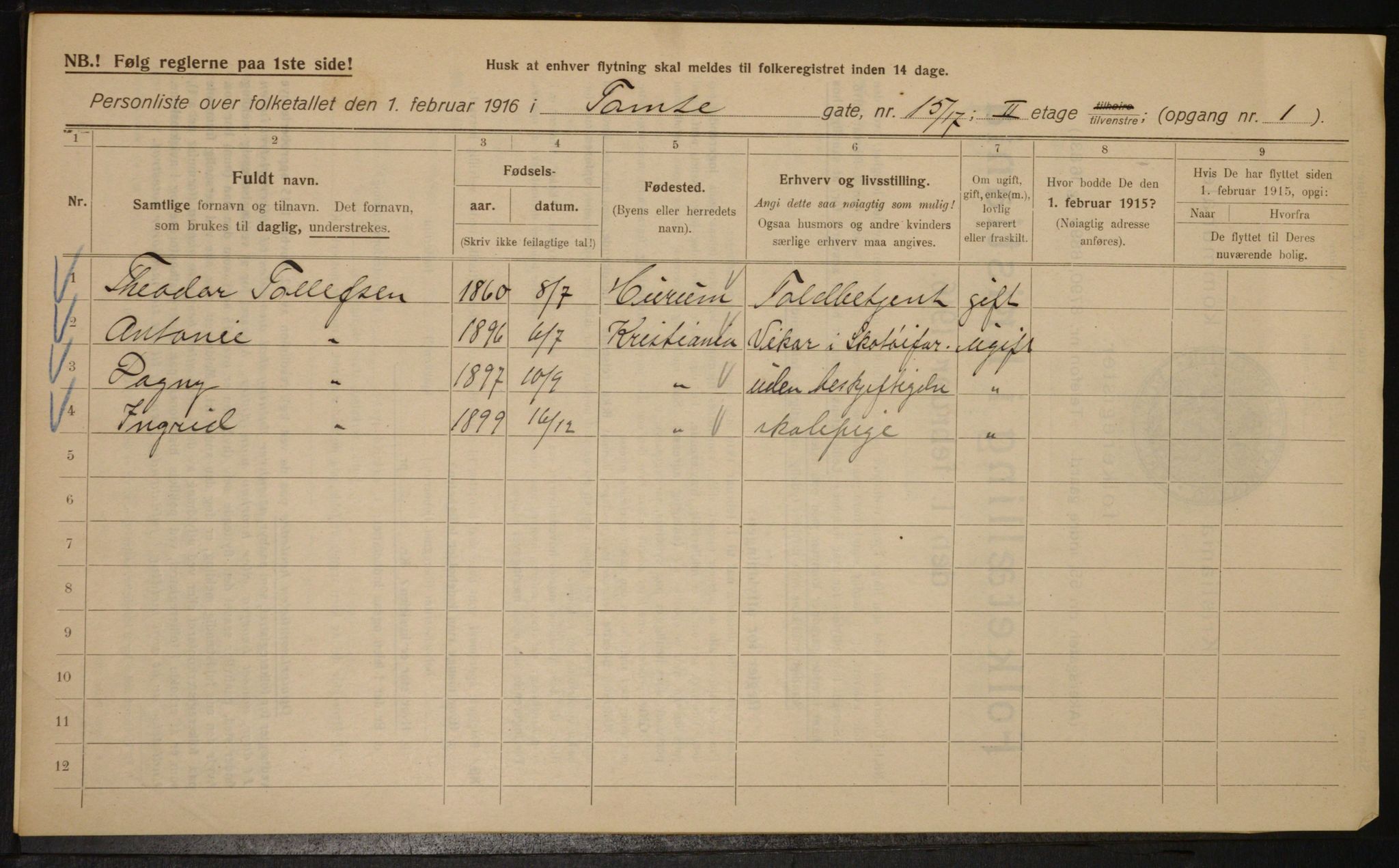 OBA, Municipal Census 1916 for Kristiania, 1916, p. 116846