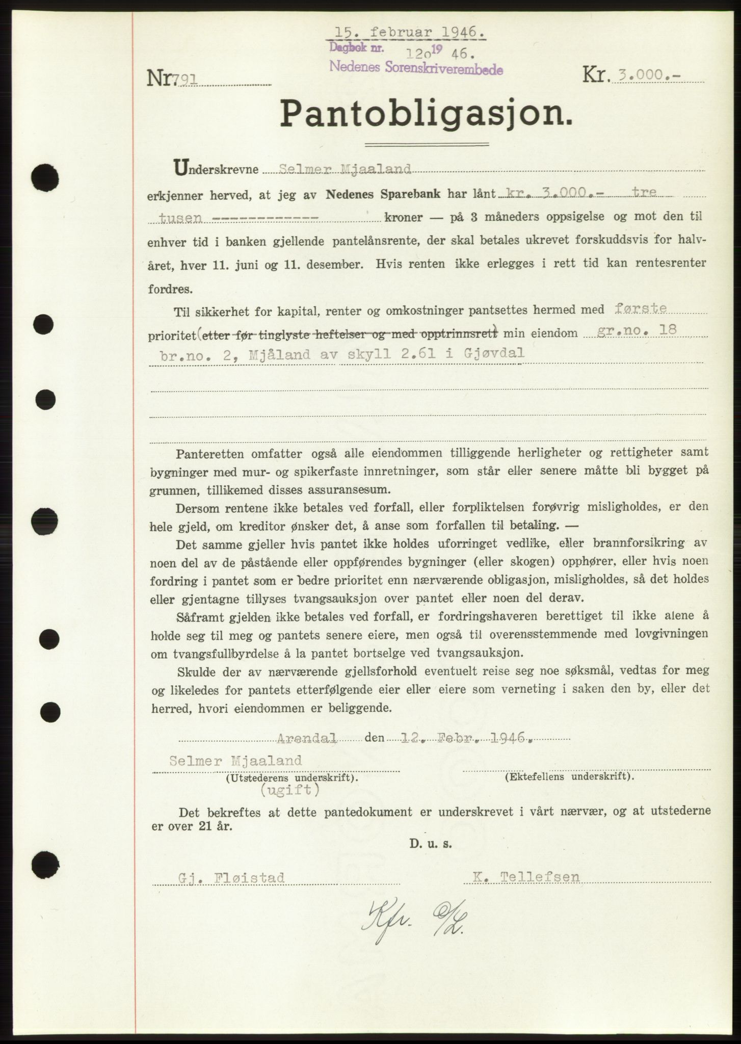 Nedenes sorenskriveri, AV/SAK-1221-0006/G/Gb/Gbb/L0003: Mortgage book no. B3b, 1946-1946, Diary no: : 120/1946