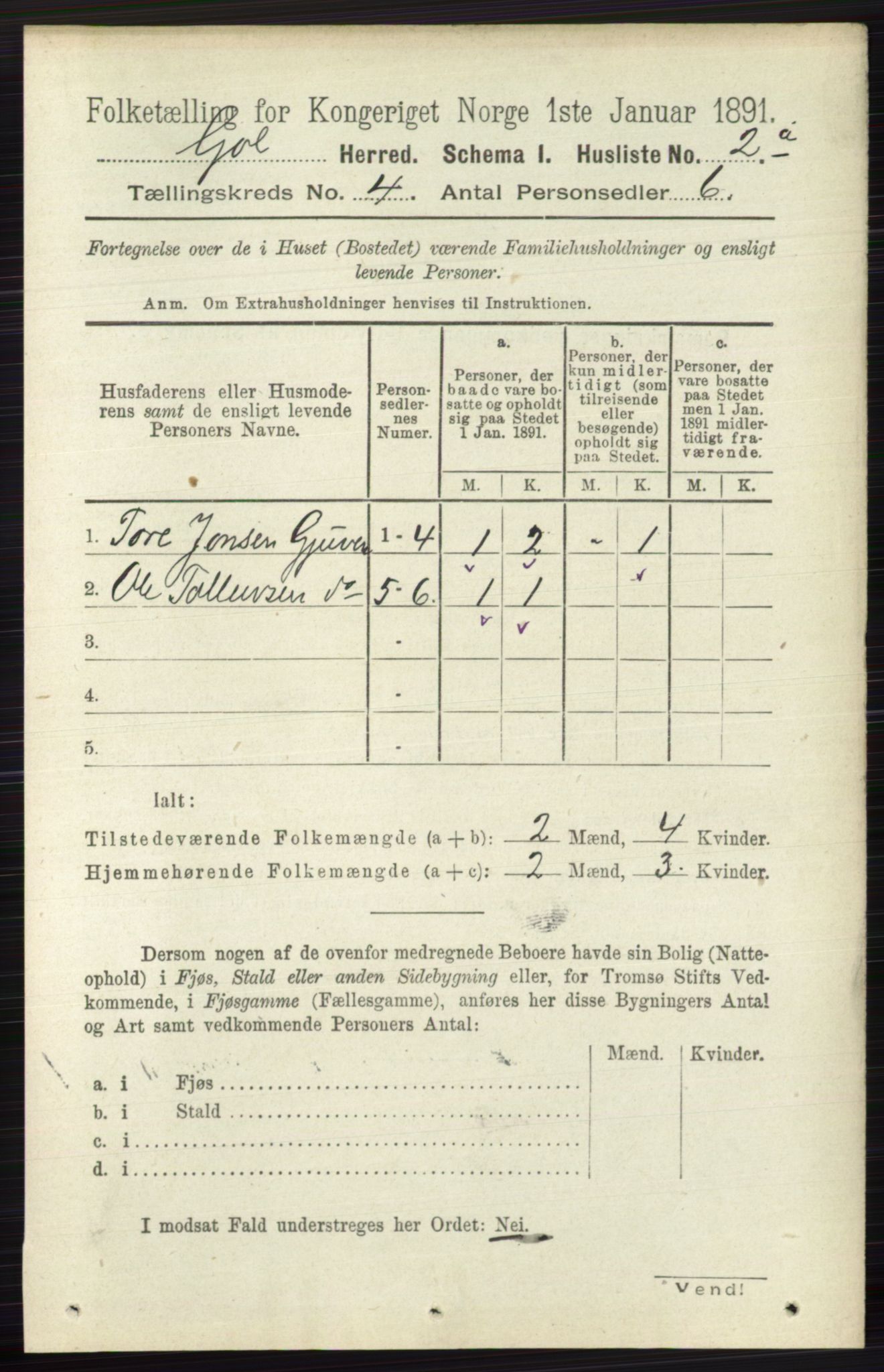 RA, 1891 census for 0617 Gol og Hemsedal, 1891, p. 1711