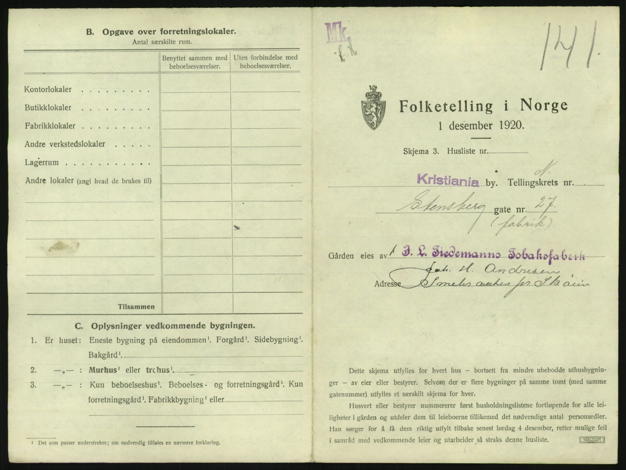 SAO, 1920 census for Kristiania, 1920, p. 103385