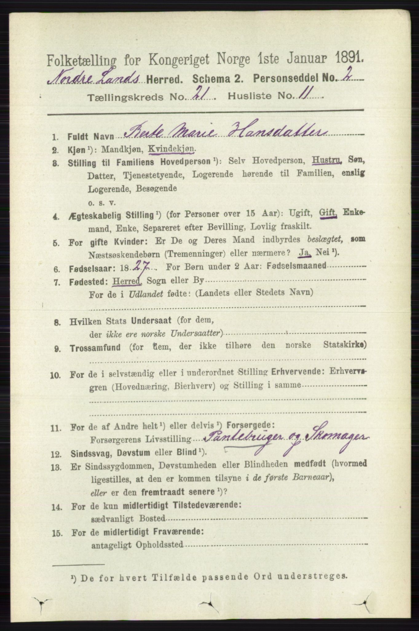 RA, 1891 census for 0538 Nordre Land, 1891, p. 5327