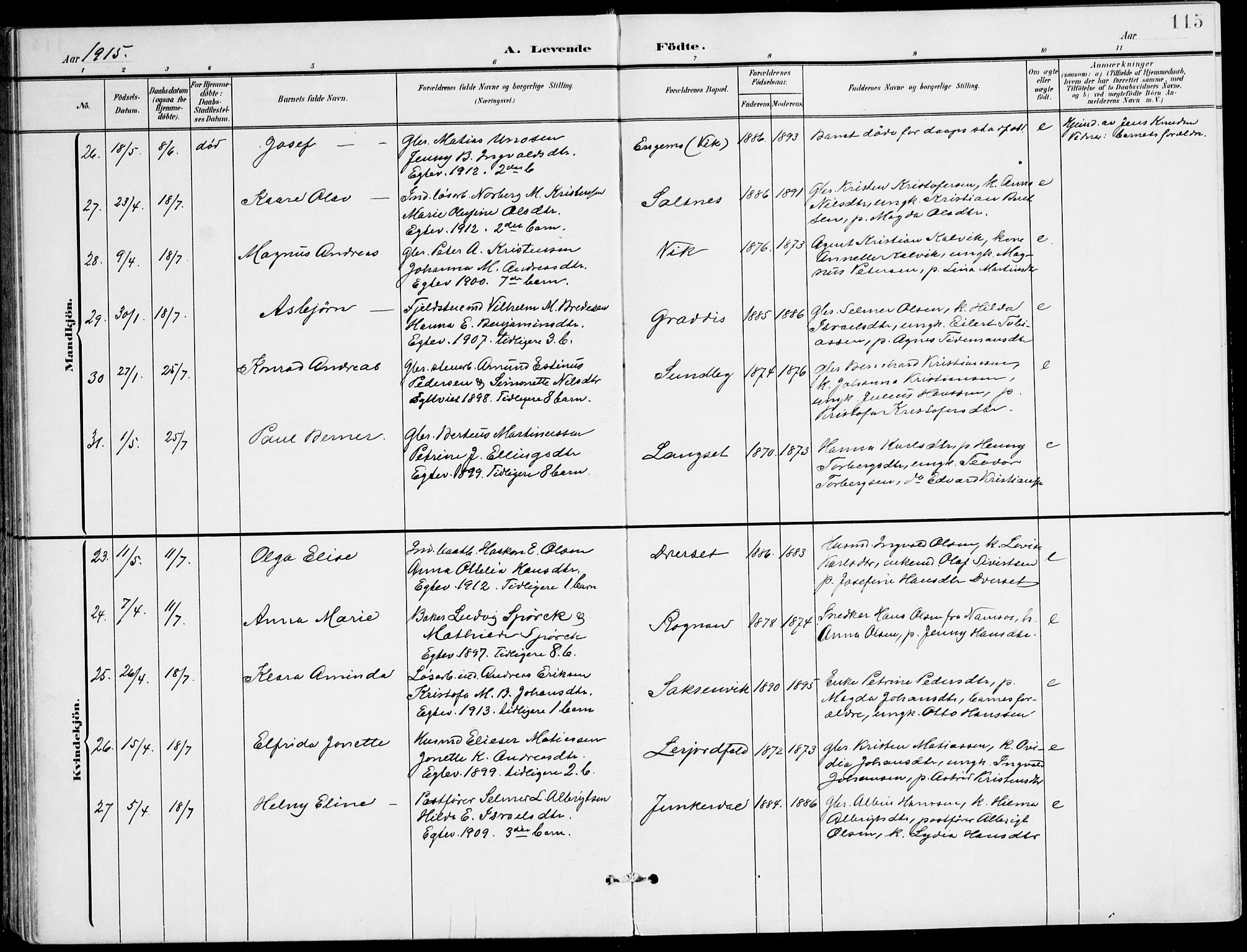 Ministerialprotokoller, klokkerbøker og fødselsregistre - Nordland, SAT/A-1459/847/L0672: Parish register (official) no. 847A12, 1902-1919, p. 115