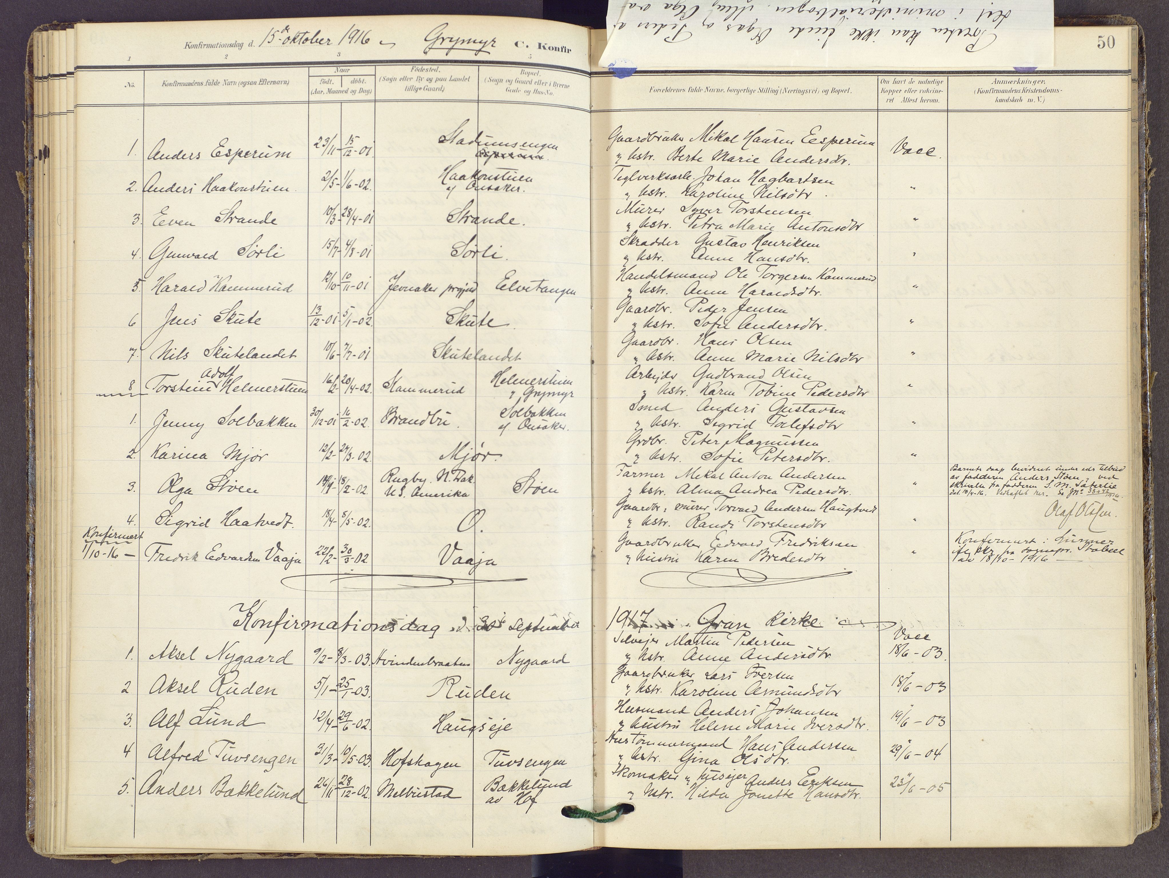 Gran prestekontor, SAH/PREST-112/H/Ha/Haa/L0022: Parish register (official) no. 22, 1908-1918, p. 50