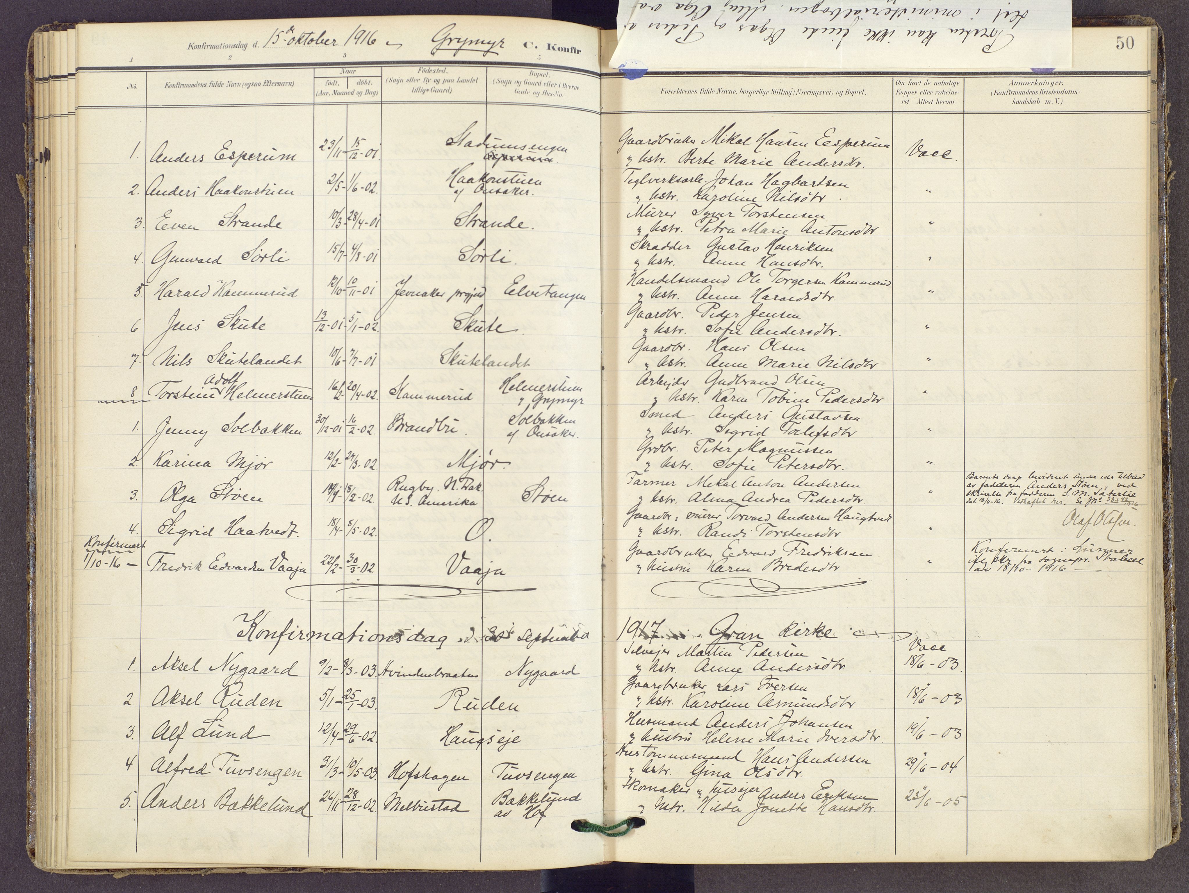 Gran prestekontor, AV/SAH-PREST-112/H/Ha/Haa/L0022: Parish register (official) no. 22, 1908-1918, p. 50