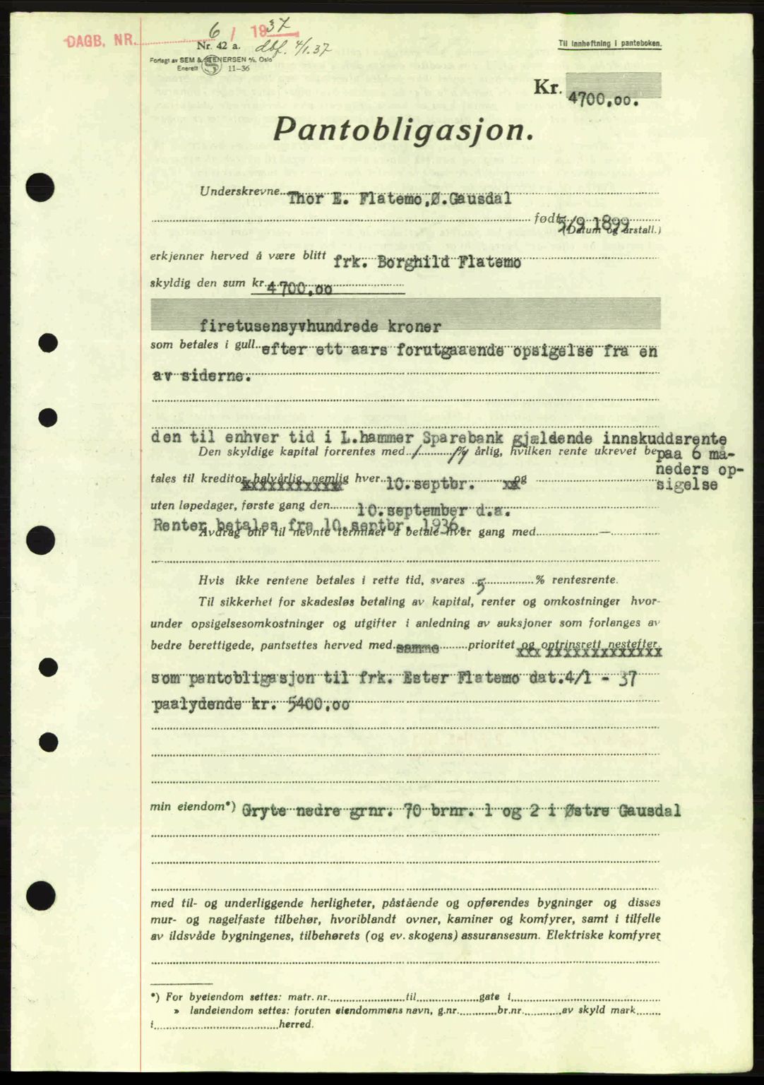 Sør-Gudbrandsdal tingrett, SAH/TING-004/H/Hb/Hbe/L0001: Mortgage book no. B1, 1936-1939, Diary no: : 6/1937