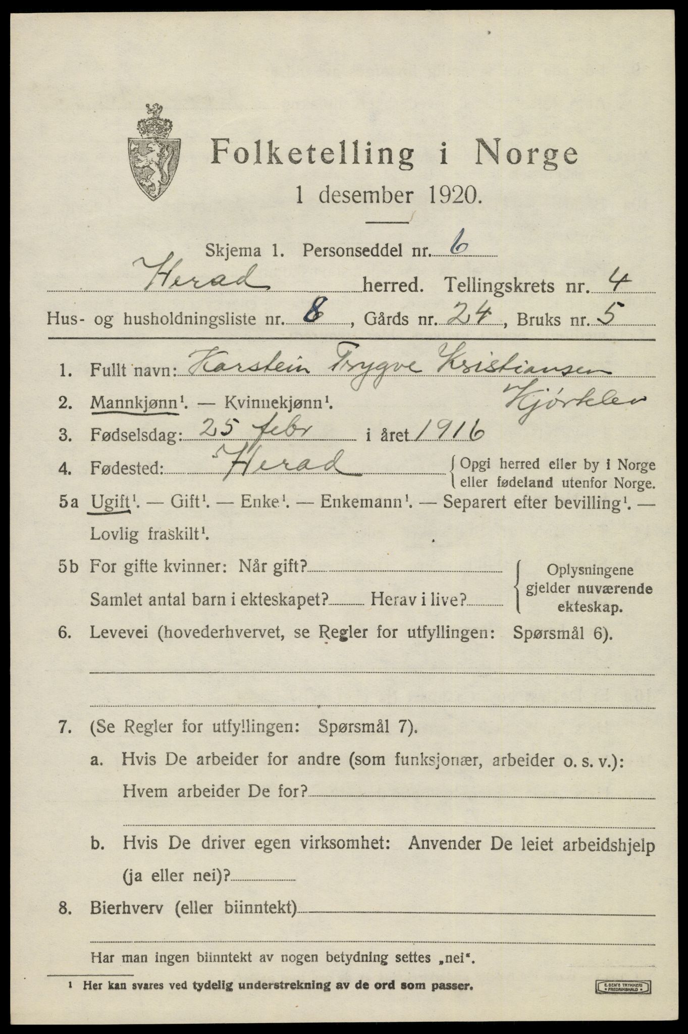SAK, 1920 census for Herad, 1920, p. 1816