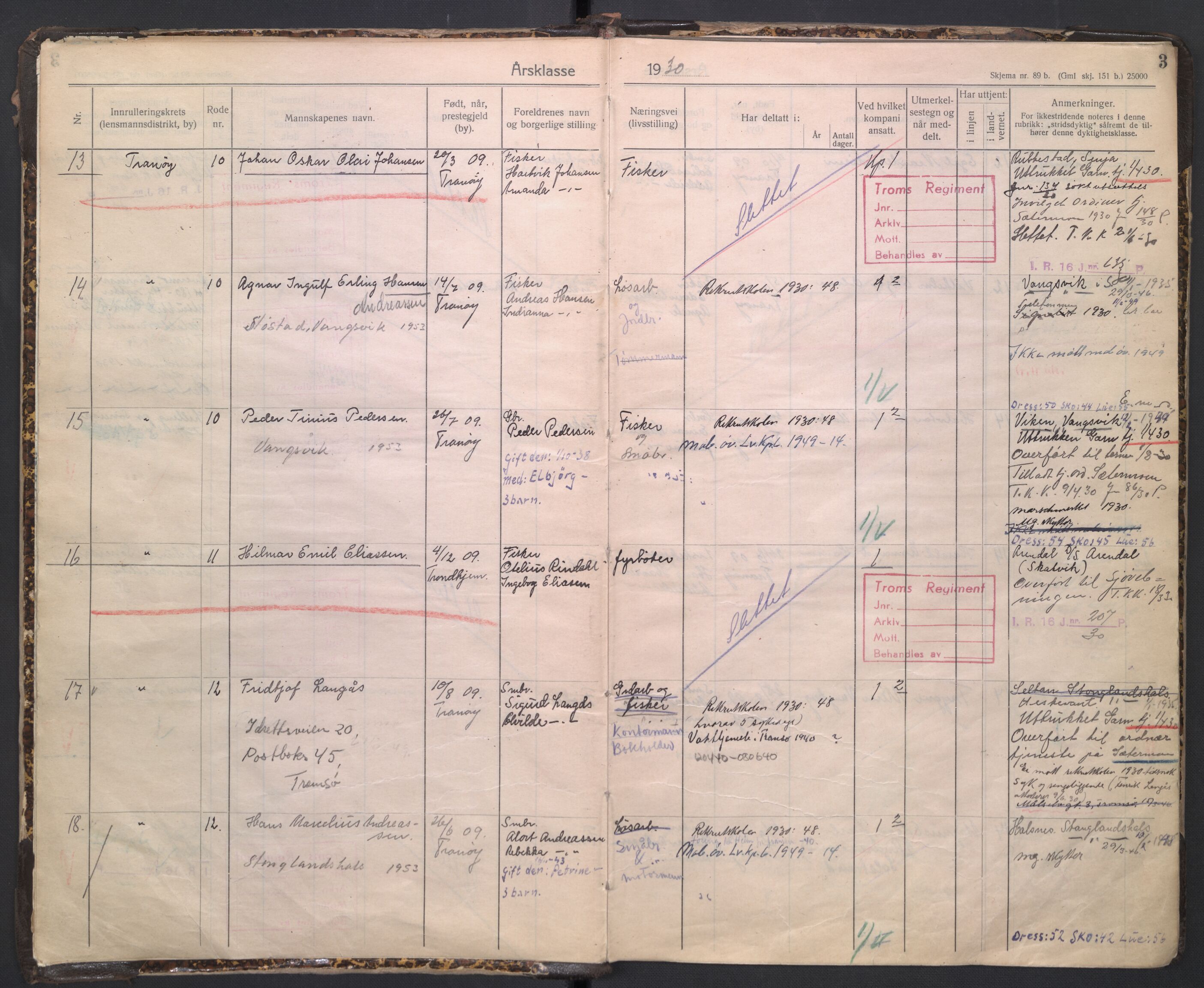 Forsvaret, Troms infanteriregiment nr. 16, AV/RA-RAFA-3146/P/Pa/L0005/0003: Ruller / Rulle for regimentets stridende menige mannskaper, årsklasse 1930, 1930, p. 3