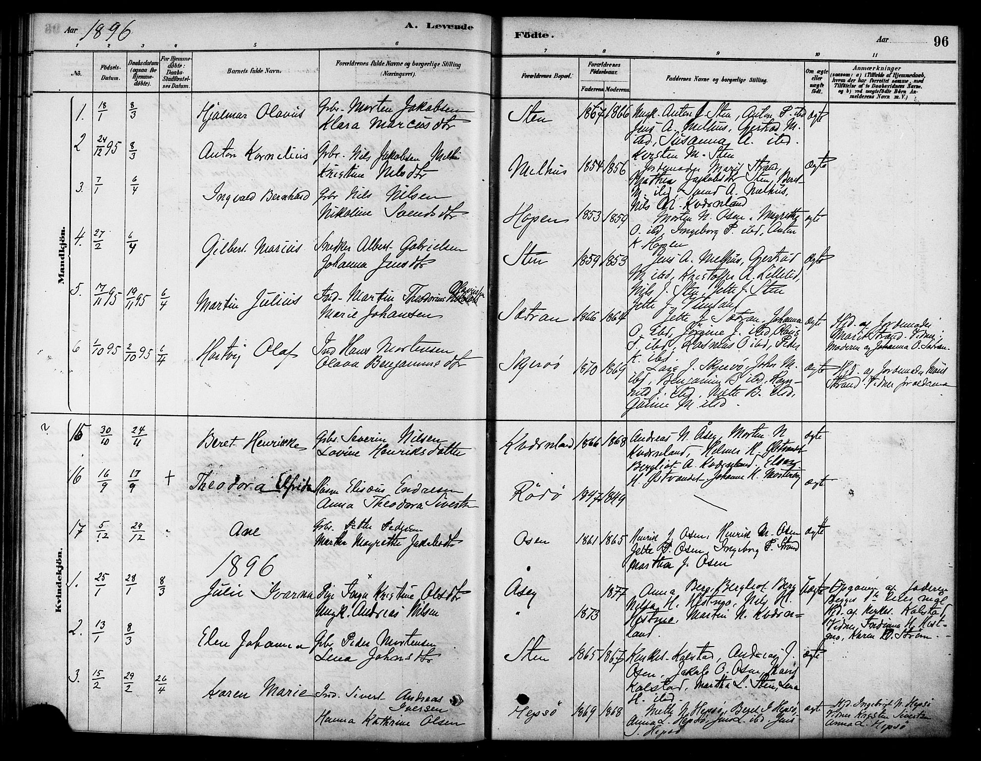Ministerialprotokoller, klokkerbøker og fødselsregistre - Sør-Trøndelag, SAT/A-1456/658/L0722: Parish register (official) no. 658A01, 1879-1896, p. 96