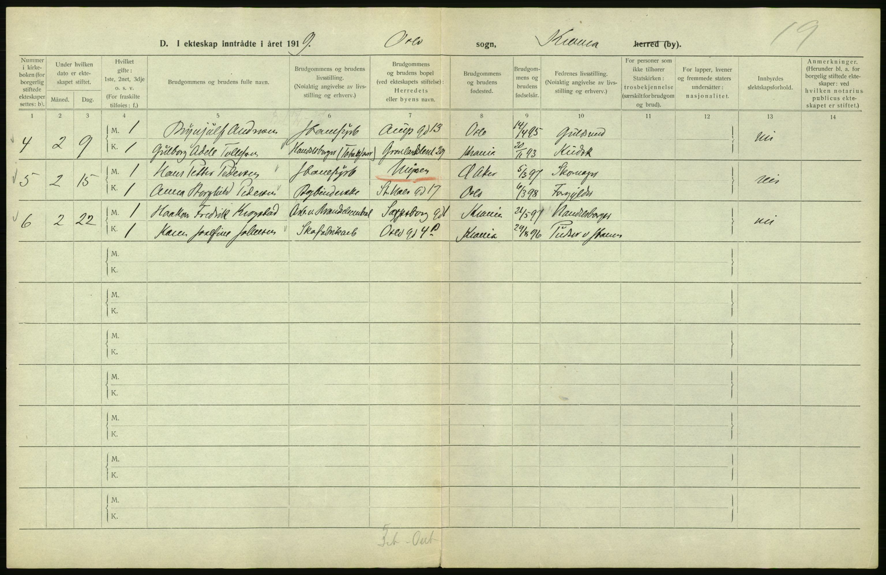 Statistisk sentralbyrå, Sosiodemografiske emner, Befolkning, AV/RA-S-2228/D/Df/Dfb/Dfbi/L0009: Kristiania: Gifte, 1919, p. 478